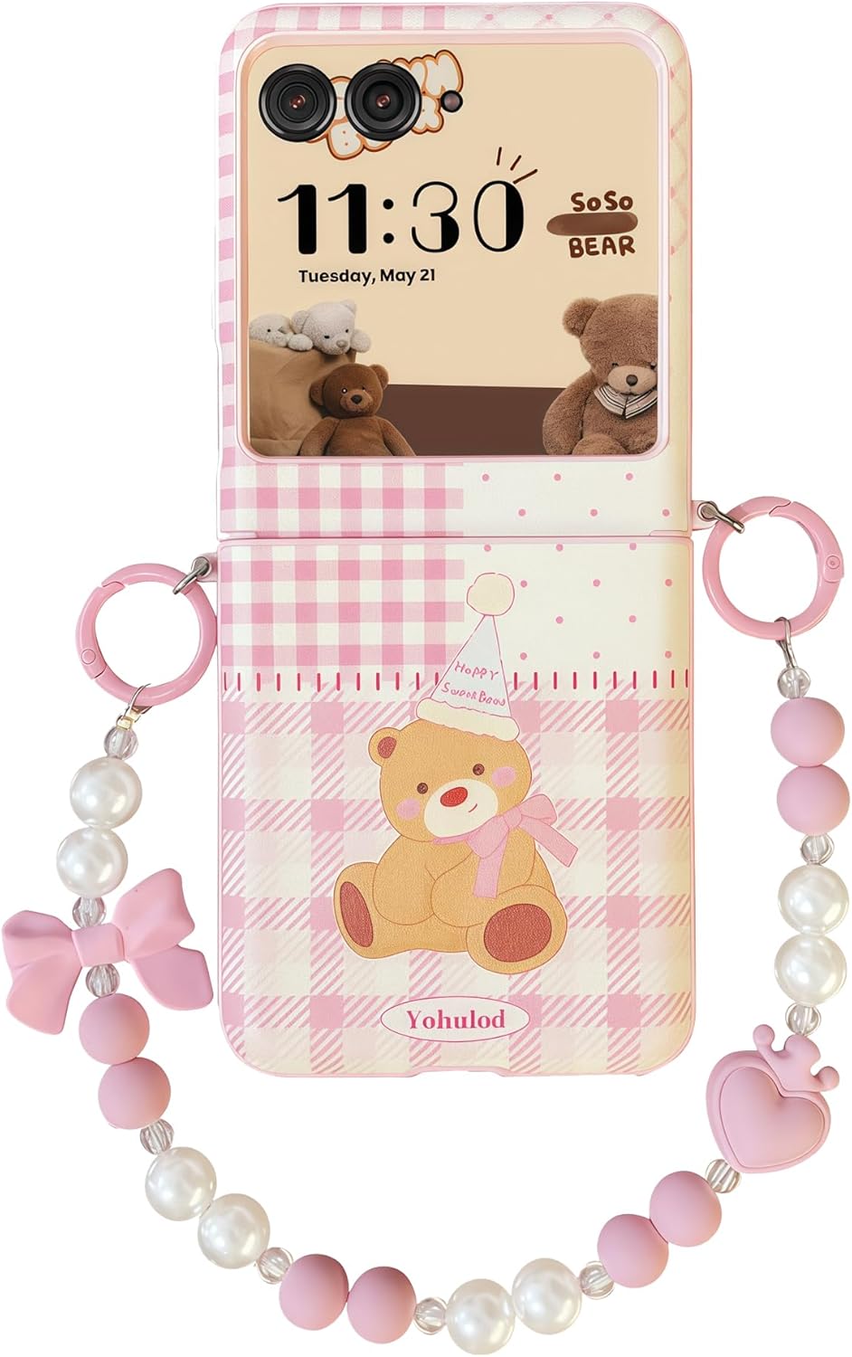 Cute Case for Motorola Razr 2025/2024 with Chain, Bear Pattern Design Razr 2025/2024 Phone Case for Women Girls, Shockproof Hinge Protection Pink Case for Moto Razr 2025/2024