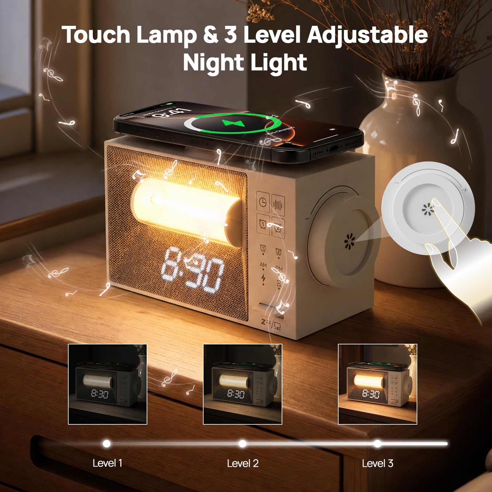 Despertador digital con estación de carga, cargador rápido inalámbrico de 15 W, despertador digital con 20 sonidos naturales, luz nocturna, lámpara de noche con luz diurna, despertador con función de