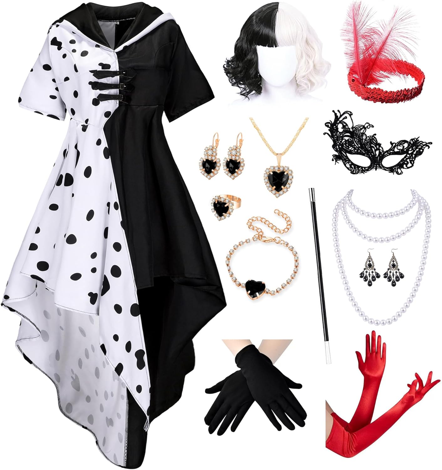 13Pcs/9Pcs Women's Dalmatian Black and White Costume Dress with Wig Gloves Accessories Party Outfit Medium White