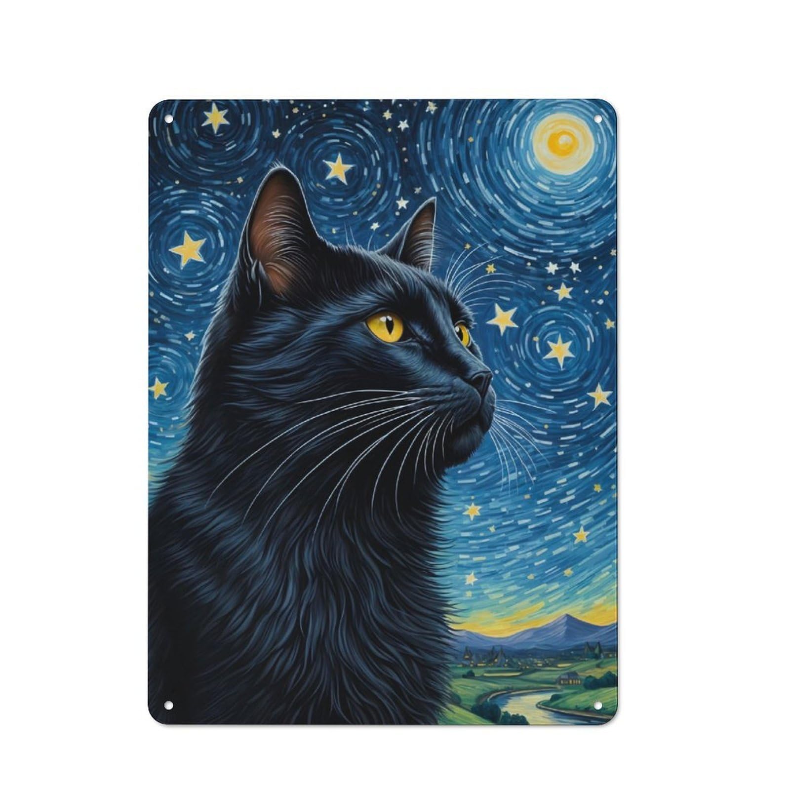 Junmoney Black Cat Starry Night Tin Wall Plaque 40X30cm, Rustic Cottage Wall Art For Dining Room, Cafe, Entryway Or Family Room
