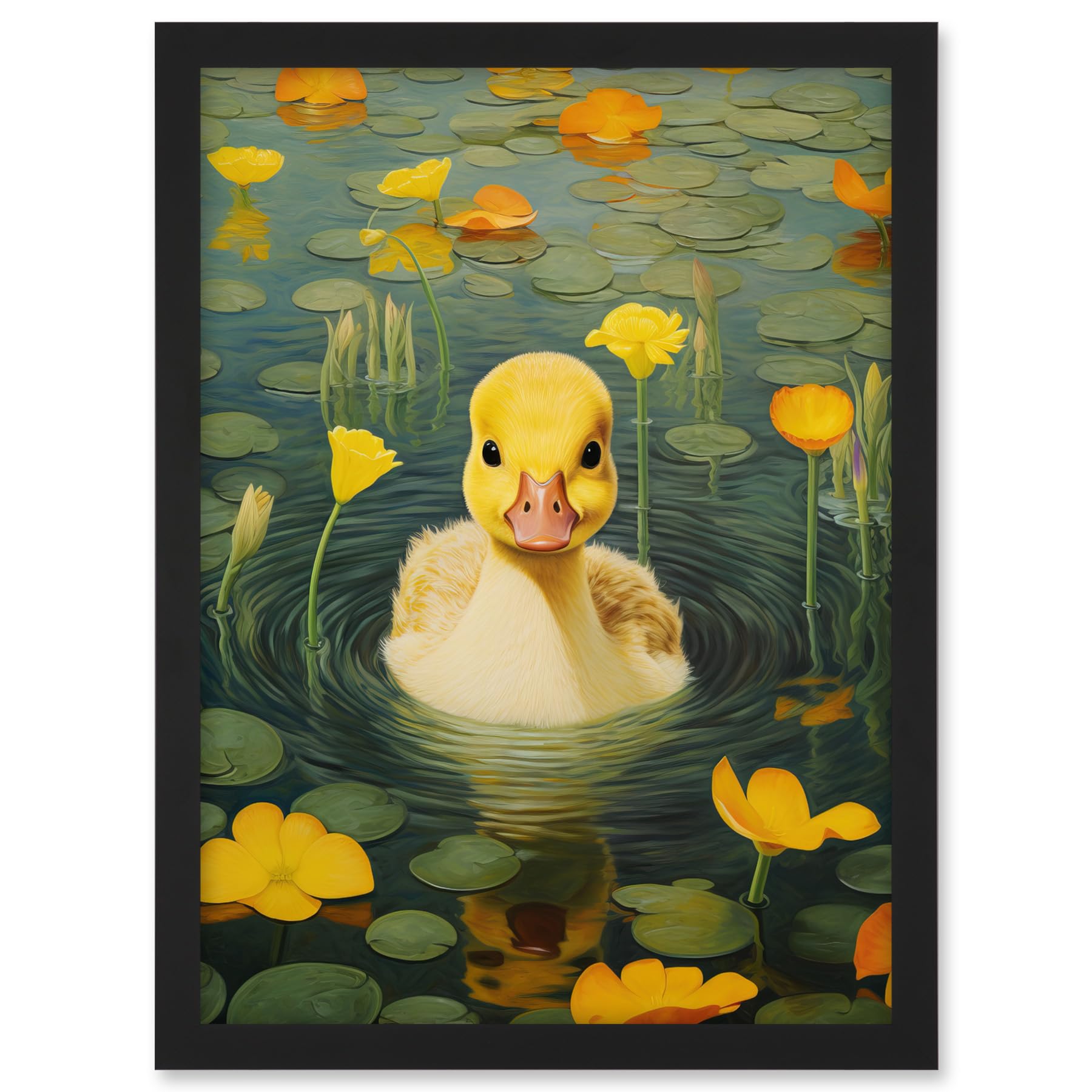Artery8 Whirlpool Duckling Lily Pads and Flowers Kids Bedroom Nursery Artwork Framed A3 Wall Art Print, Framed Black A3, 45.5L x 33W cm