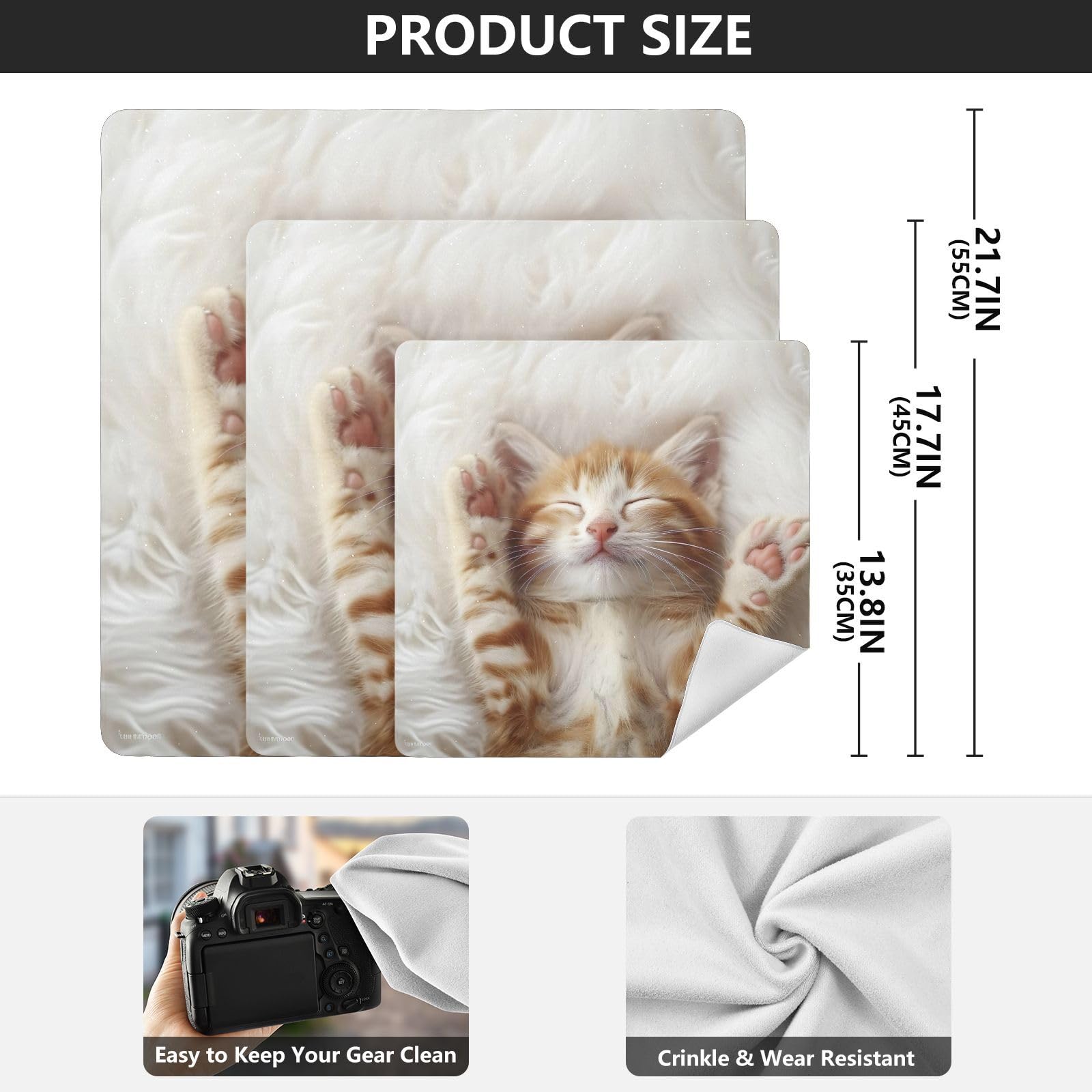 ODAWA Cute Cat Kitten Print Self Adhesive Cloths 21.7X21.7 Inch Makeup Wrap Cloth Bag for Camera, Lens, Laptop