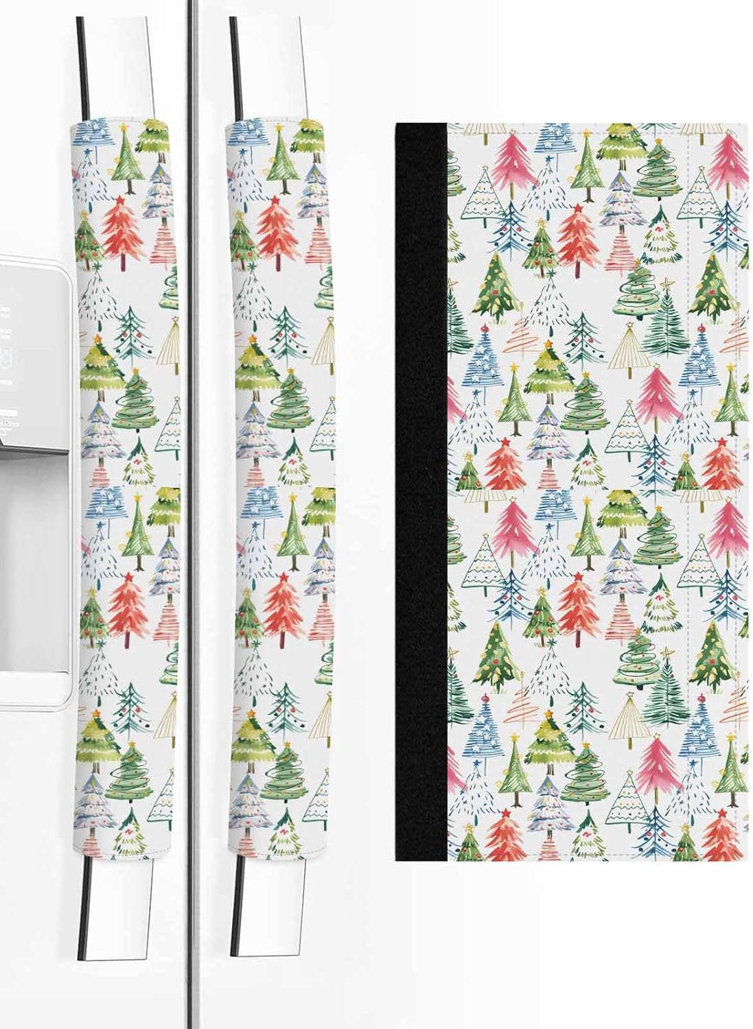 Christmas Tree Refrigerator Door Handle Covers Set of 2, Xmas Winter Kitchen Fridge Microwave Oven Dishwasher Stove Cabinet Handle Cloth Protectors, Washable Colorful Cartoon White Appliance Decor
