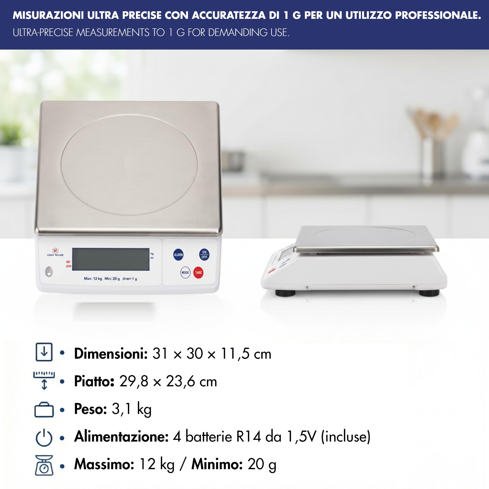 Louis Tellier - Bilancia Elettronica Professionale - 12 kg - IP53 - Precisione 1 g - Piatto Estraibile 29,8 x 23,6 cm