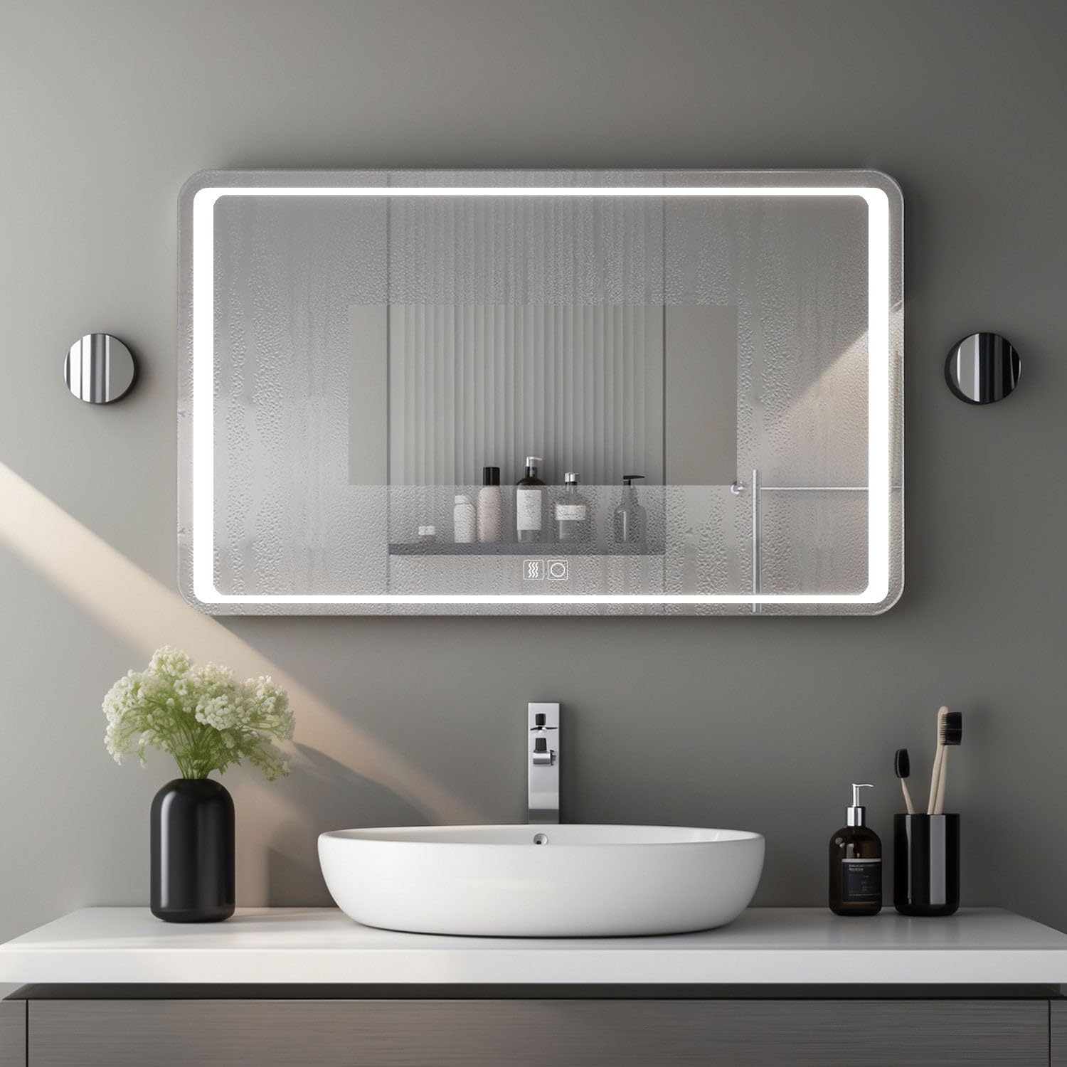 Miroir Lumineux 90x70 pour Salle de Bain avec Zone antibuée et luminosité réglable Pose Verticale ou Horizontale