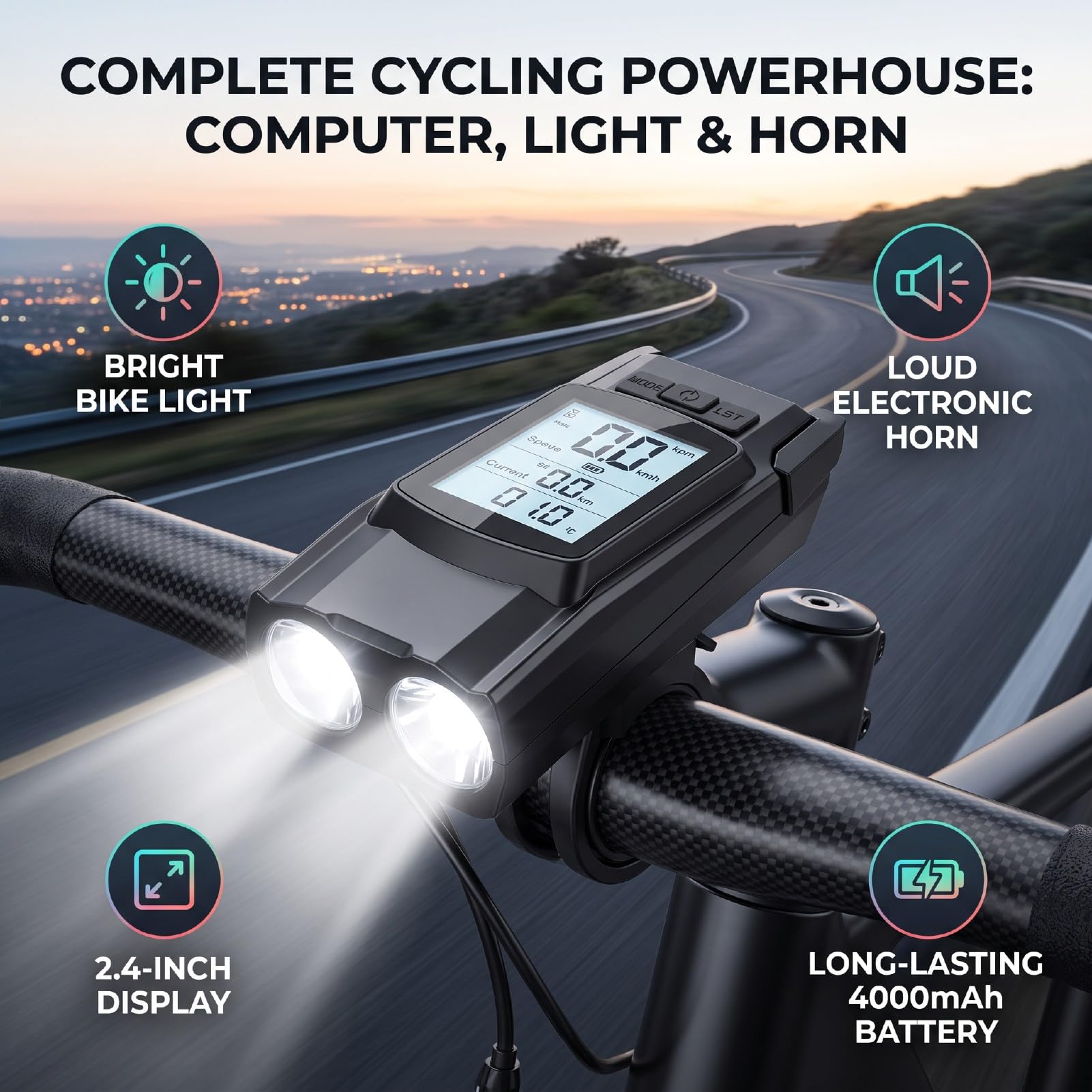 Naroote Compteur Vélo sans Fil 3 en 1 Klaxon Lumière écran