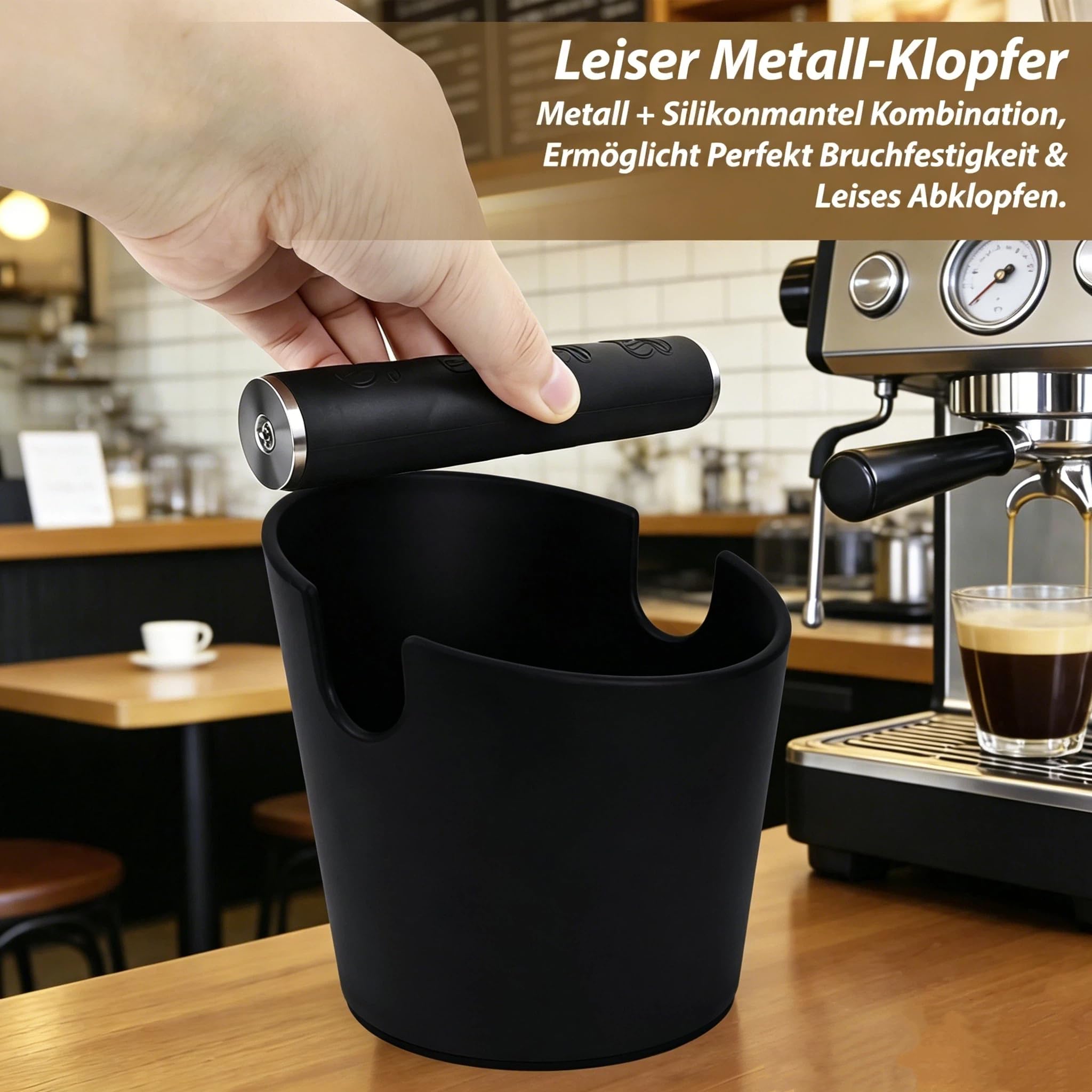 Abklopfbehälter für Siebträger Espresso Abklopfbehälter Knock Box Kaffeesatz Behälter mit Abnehmbarer Metall-Klopfstange, Rutschfester Basis und Kaffee Tampermatte, Siebträger Zubehör für Küche Café