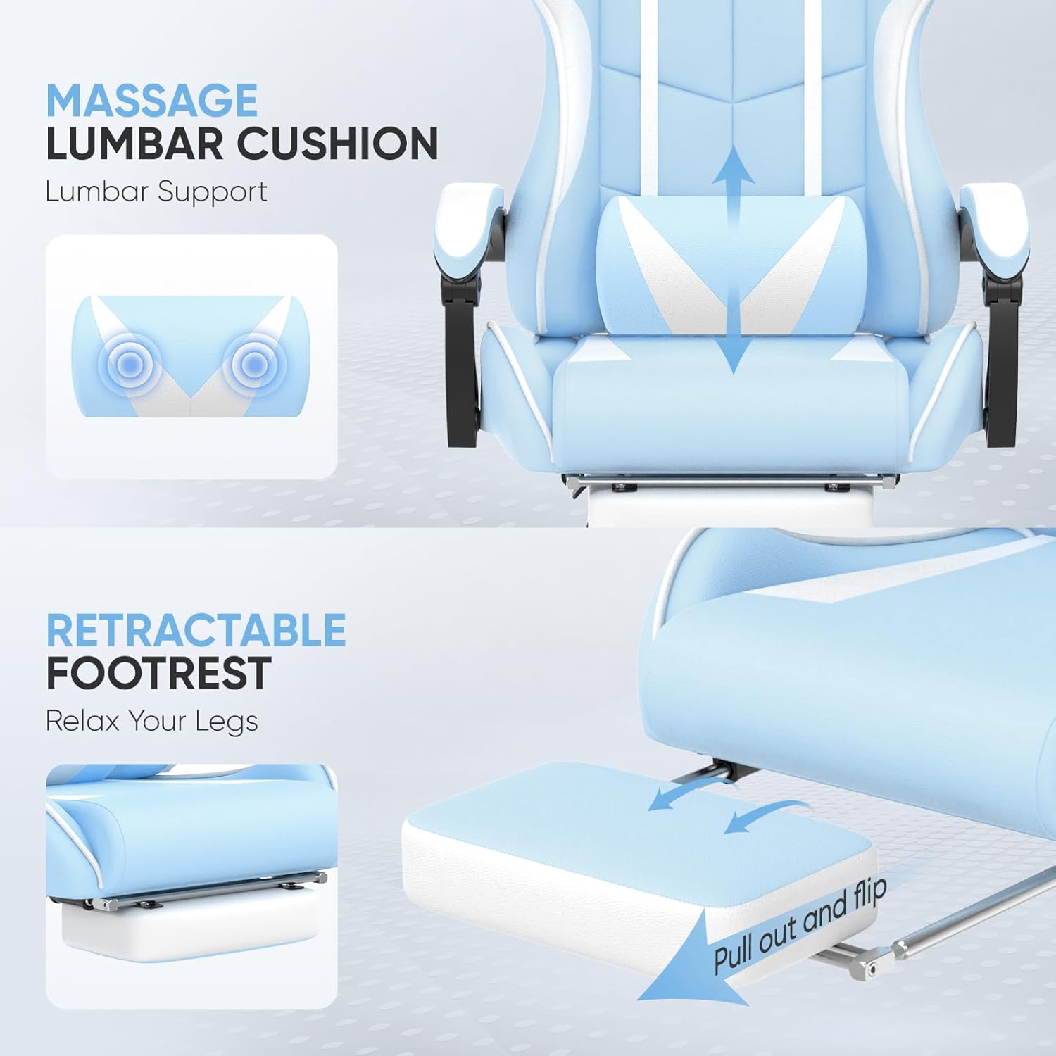 Huracan Gaming Computer Chair with Footrest, Adjustable Video Game Chairs for Adults, Heavy Duty Office Chair with Headrest and Lumbar Support, Baby Blue