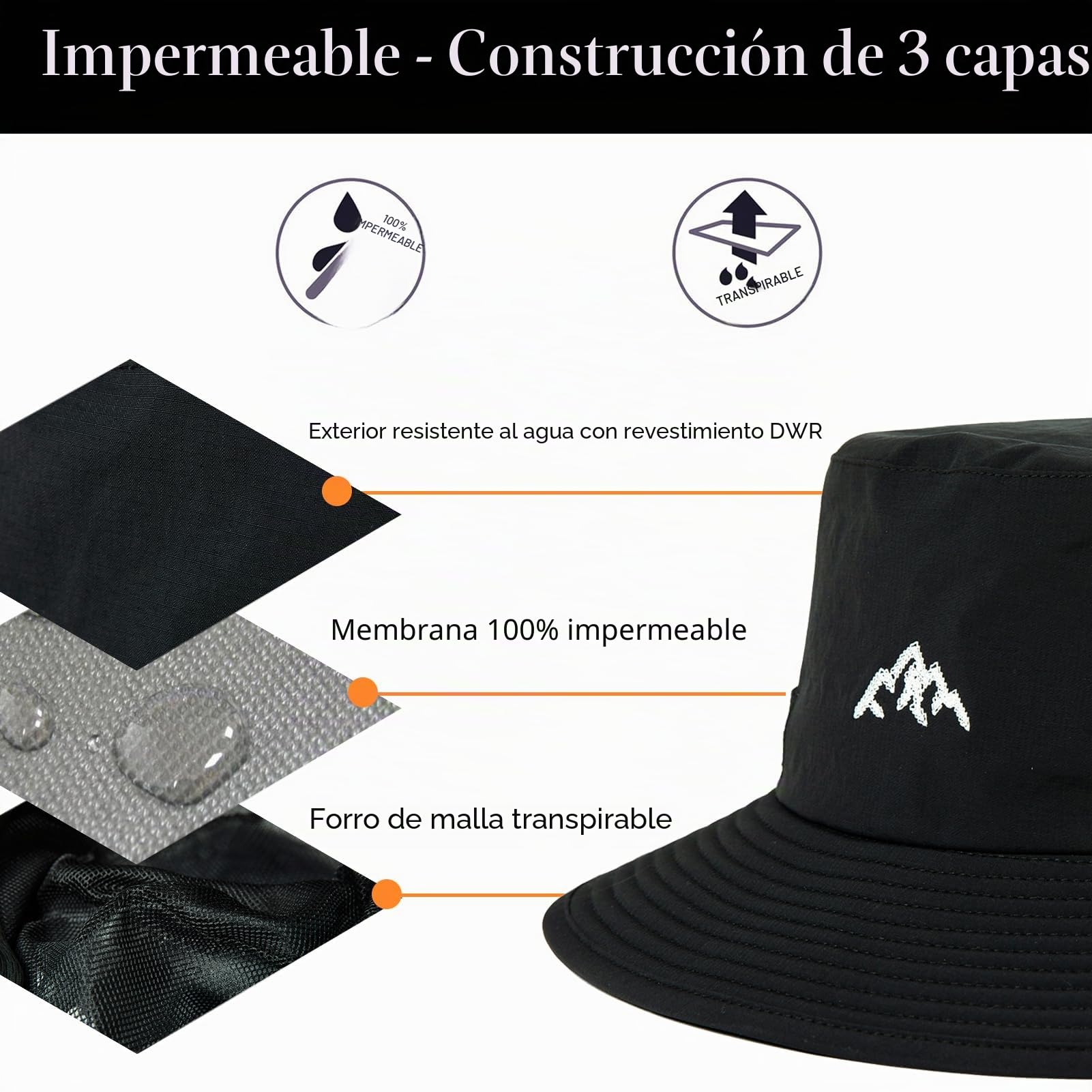Comhats Sombrero impermeable para exteriores, para senderismo, golf, safari, pesca, senderismo, sombreros de lluvia, UPF 50+, ajustable, plegable, resistente al viento, 54-66 cm