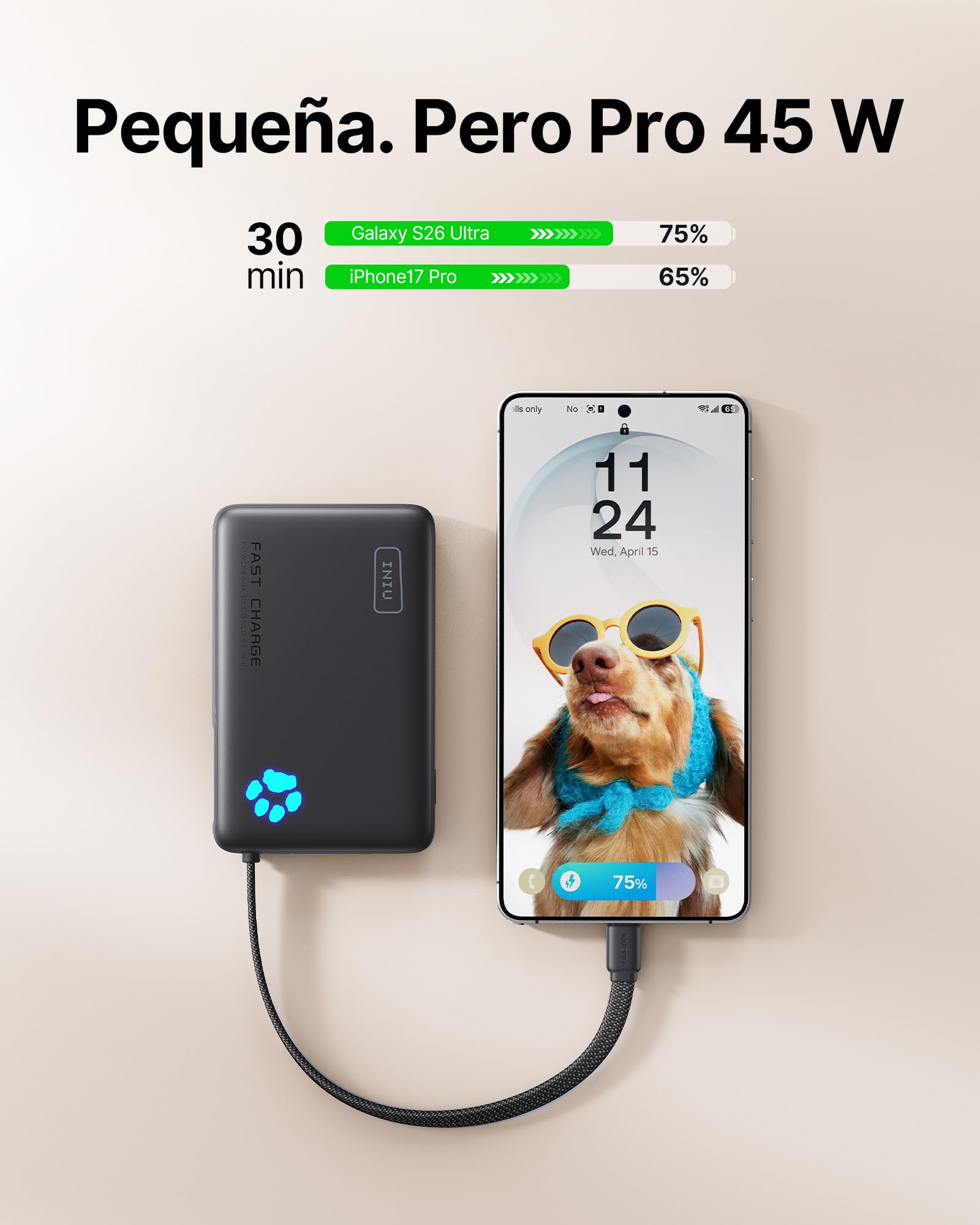 INIU Power Bank, 45W Bateria Externa Carga Rapida, Mini 10000mAh Cargador Portatil con Cable USB C Integrado, Apto para Avión, Bateria Portatil para iPhone 17 16 15 14 13, Samsung, Xiaomi, iPad, etc.