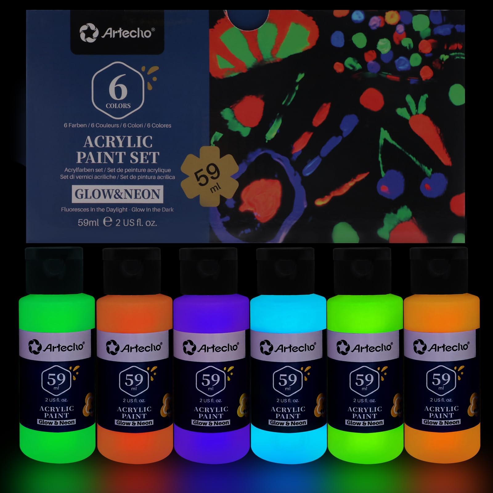 Artecho Glow in the Dark Paint 6 Colors (59ml/2oz) Acrylic Paint Decorative Art Painting Outdoor Indoor Art Craft Art Supplies Canvas Rock Wood