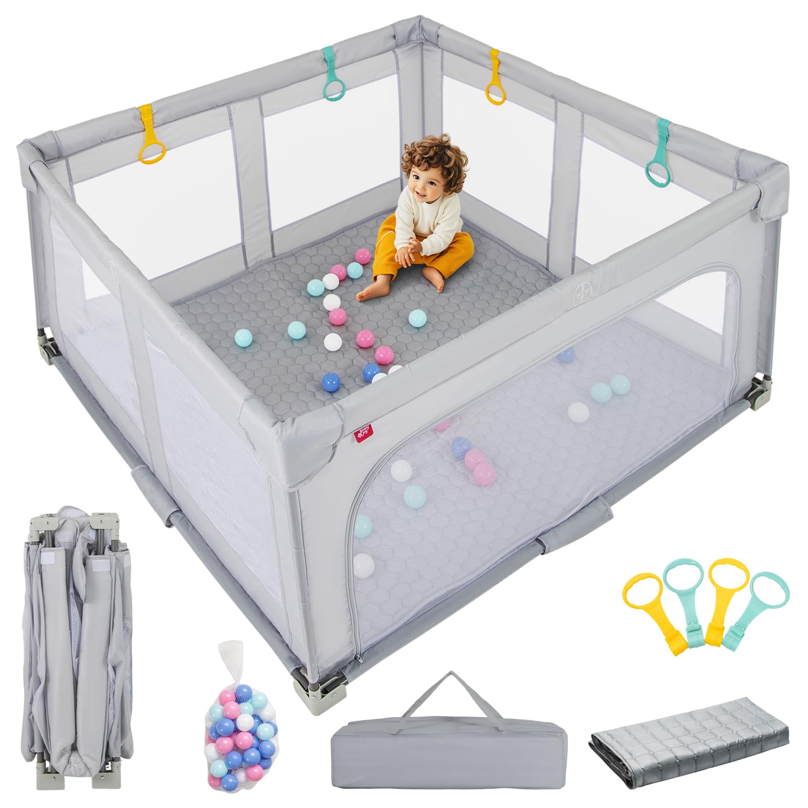 INFANS Foldable Baby Playpen with Mat, 59” x 59” Large Baby Play Yard for Infant with 50 Ocean Balls, 4 Handlers, Carry Bag, Indoor Outdoor Fence