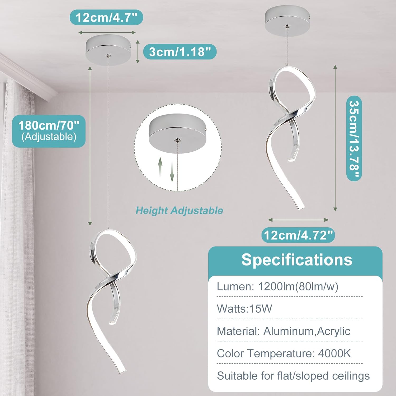 Modern Pendant Light Fixture,4500K LED Pendant Lights Kitchen Island Lighting, Adjustable Height Hanging Light for Kitchen Sink Dining Room Bedroom,1 Pack (Chrome)