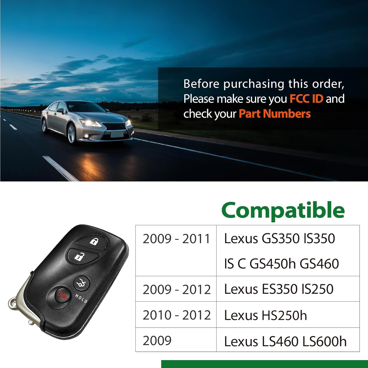 Replacement for 2009 2010 2011 2012 2013 Smart Proximity Lexus ES350 GS350 GS460 IS250 IS350 LS460 LS600h GNE 271451-3370 Board Key Fob HYQ14AAB 315MHz 4 Buttons