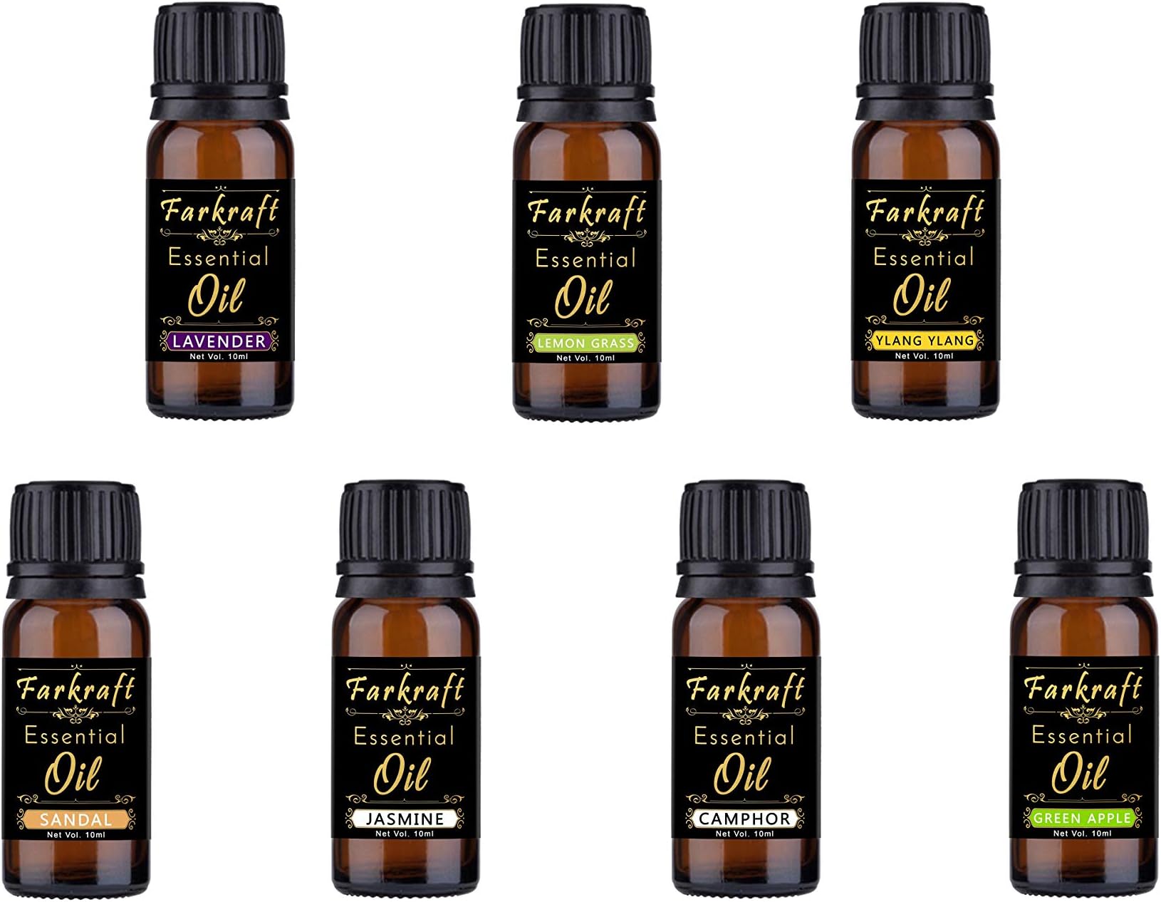 Farkraft 9 In One Aroma Oil Pack Fragrance : Set of 9 Aroma Oil (Lavender, Lemongrass, Camphor, GreenApple, Aqua, Sandal, Jasmine, Peppermint and Rose 10 ML Each)