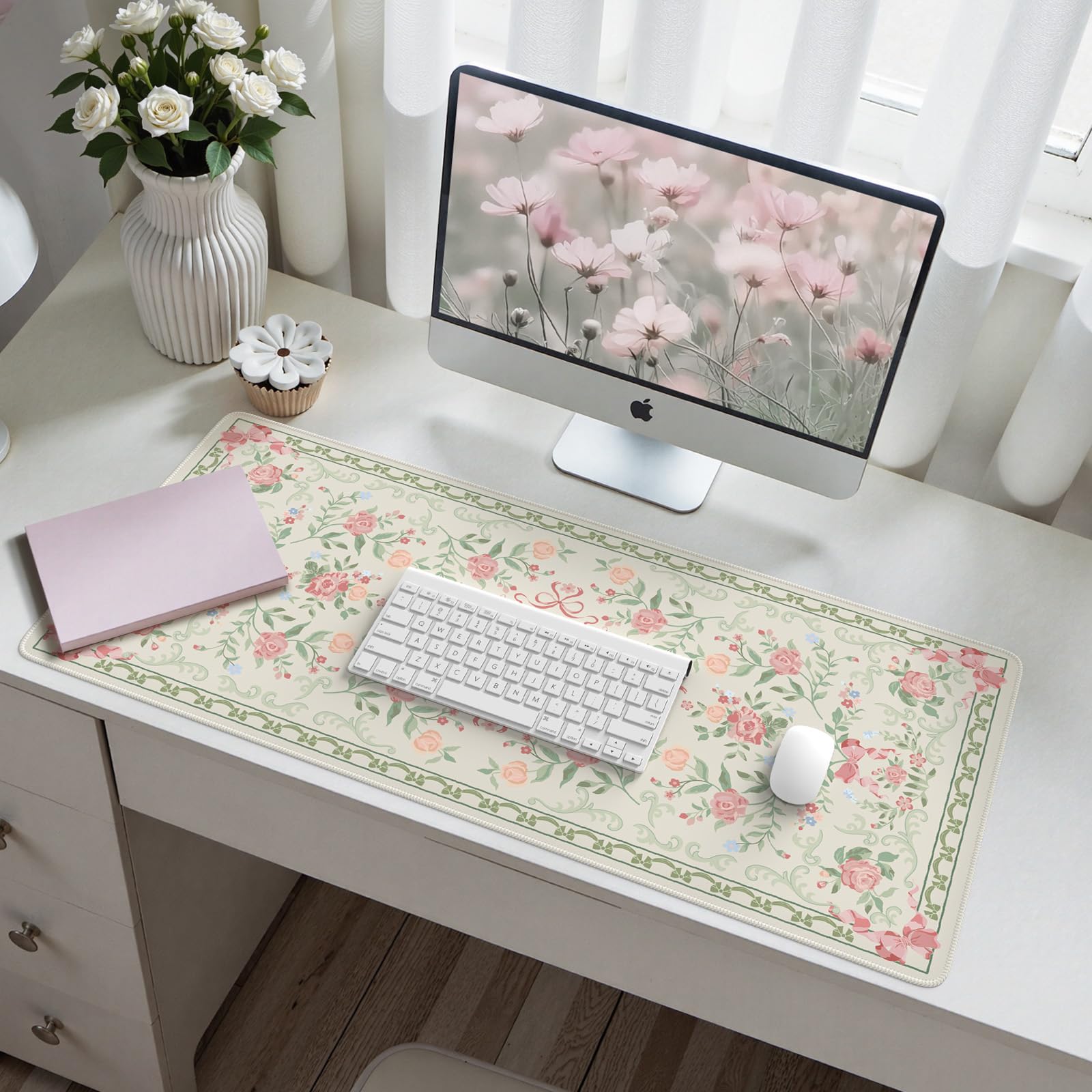 HAOCOO Cute Floral Desk Mat, Large Waterproof Mouse Pad, Girly Desk Matt for Desktop, 35.4" x 15.7" Non-Slip Keyboard Pad, Computer Mat with Stitched Edge, Office Decor Home Desk Accessories (): Green
