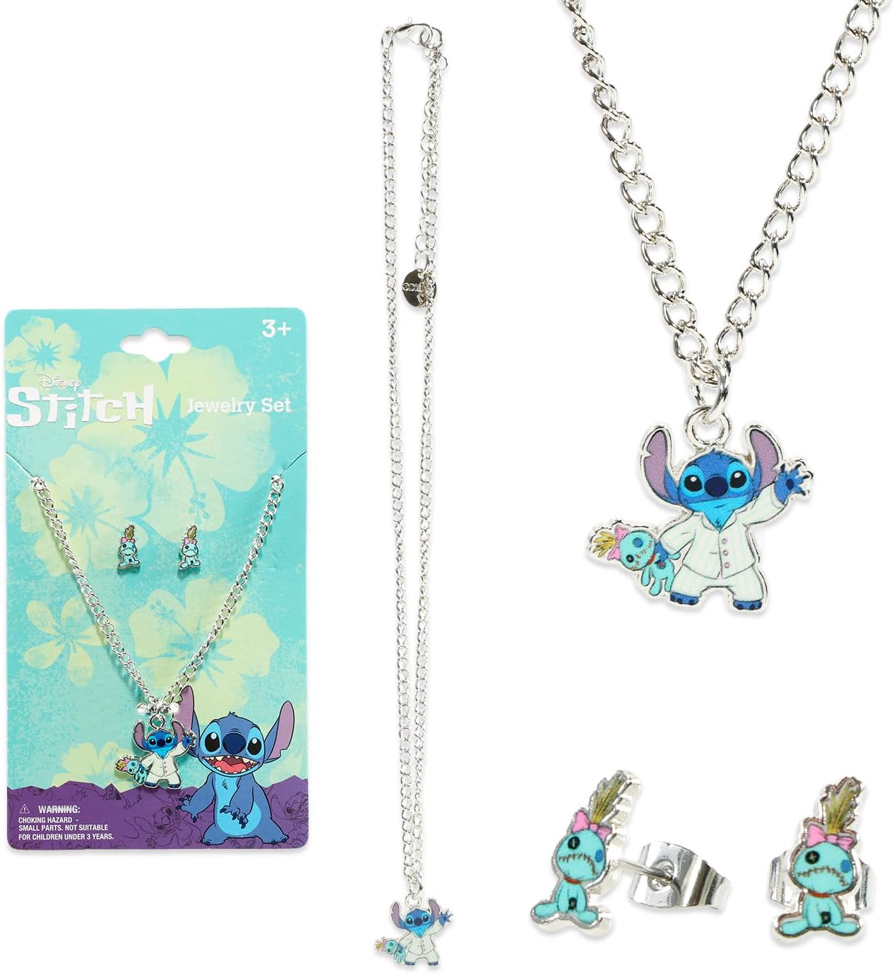 Disney Jewelry Set for Girls - Dress Up Accessories Bundle with Necklace and Earrings Featuring Moana, Stitch, Bluey Plus Stickers, More | Disney Jewelry for Kids, Girls