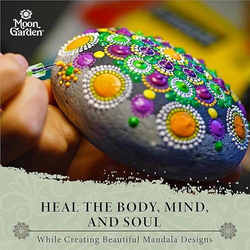 Miniatura 7 de MoonGarden Kit de pintura de rocas de mandala, kit de herramientas de punteado de mandala, rocas grandes de madera para pintar, plantillas, pinturas