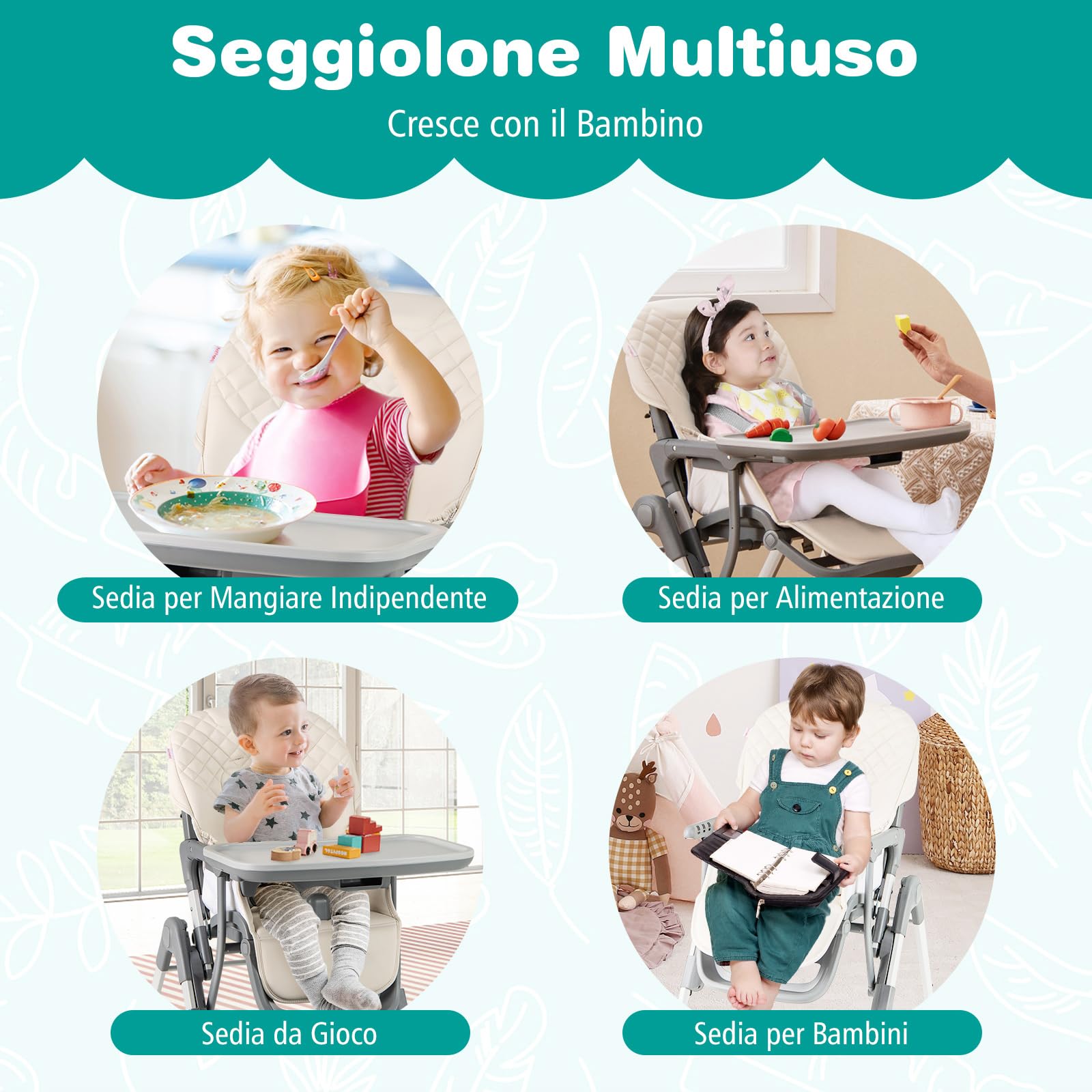 COSTWAY Seggiolone Pappa Pieghevole, Seggiolone Evolutivo per Neonati con Poggiapiedi, Vassoio Staccabile, Altezza Regolabile, Cuscino Sede in PU, Cintura di Sicurezza, per Bambini 6-36 Mesi (Beige)