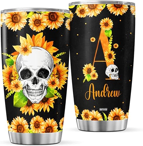 Vaso de café personalizado con inicial de calavera, girasoles, taza de viaje con tapa con nombre personalizado, cita inspiradora, regalos de