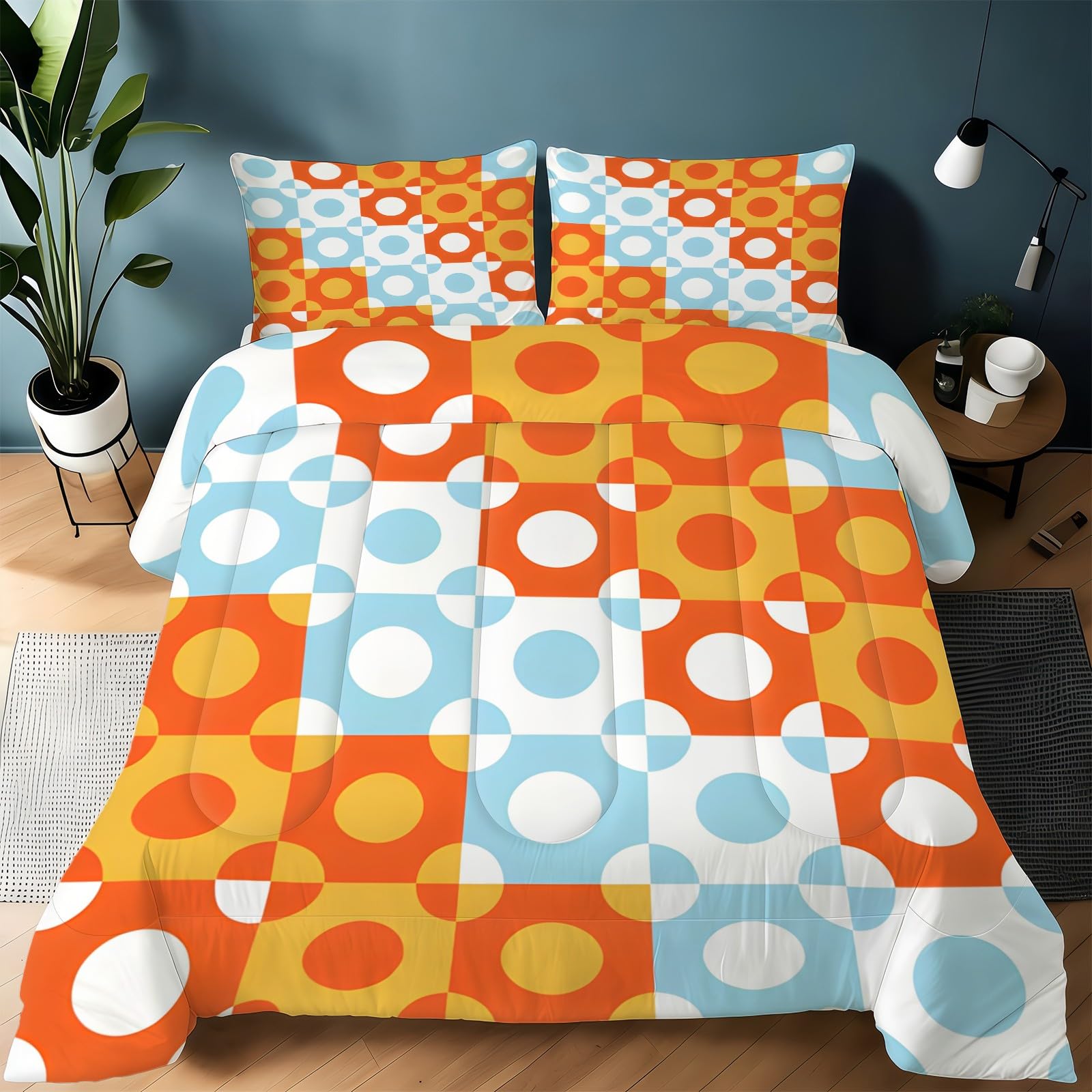 Couette 240x260 chaude réversible bleu et orange sans housse avec 2 taies d'oreiller