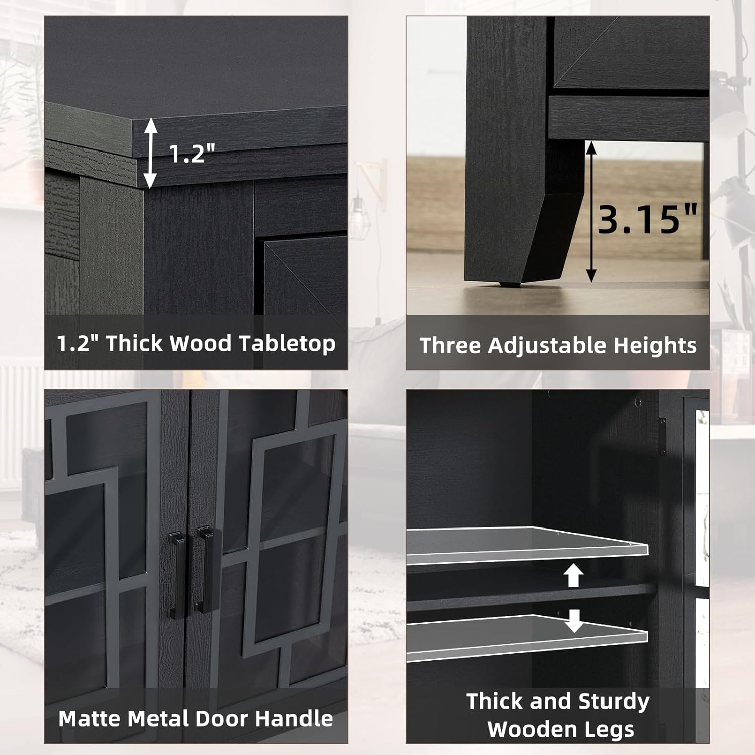 Large Sideboard Buffet Cabinet with Storage, 63" Black Farmhouse Kitchen Coffee Wine Bar Cabinet with 4 Glass Doors, Mid Century Modern Wooden Side Board Table for Dining Room, Living Room