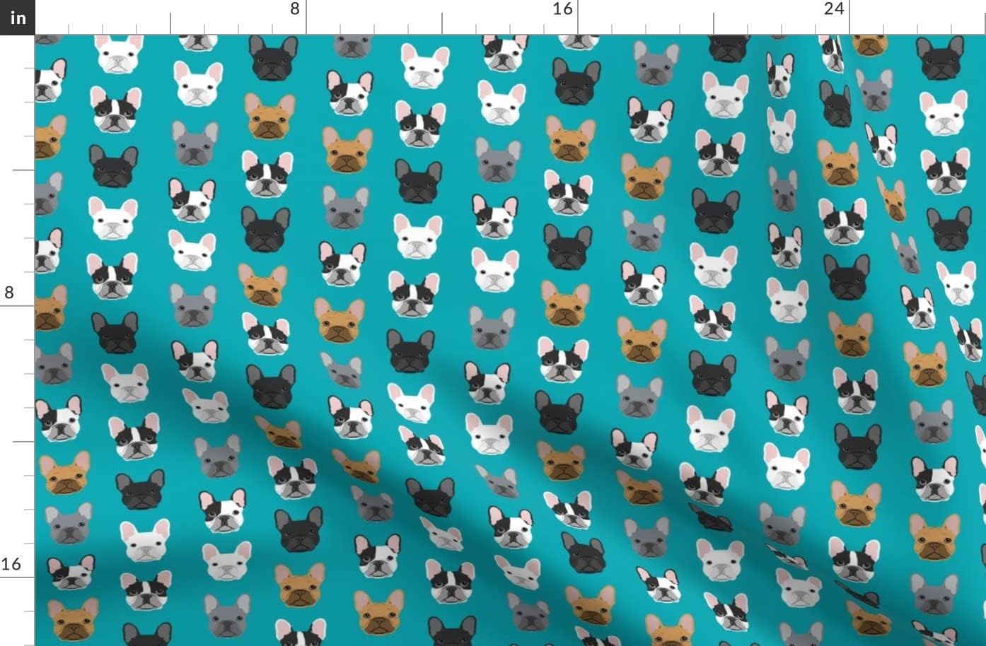 Spoonflower Fabric - French Bulldog Dogs Faces Head Cute Turquoise Best Frenchie Breed Printed on Organic Cotton Sateen Fabric by The Yard - Sewing Quilting Apparel Home Decor