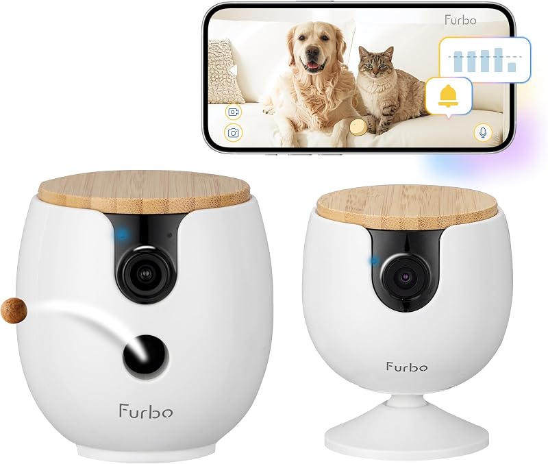 Furbo [Nueva mini cámara de 360° + mini cámara [se requiere nueva suscripción en la configuración] (paquete de suscripción para niñera de 2 cámaras): alertas de seguridad para mascotas, cámaras para perros y gatos con parlante, aplicación para teléfono y visión nocturna