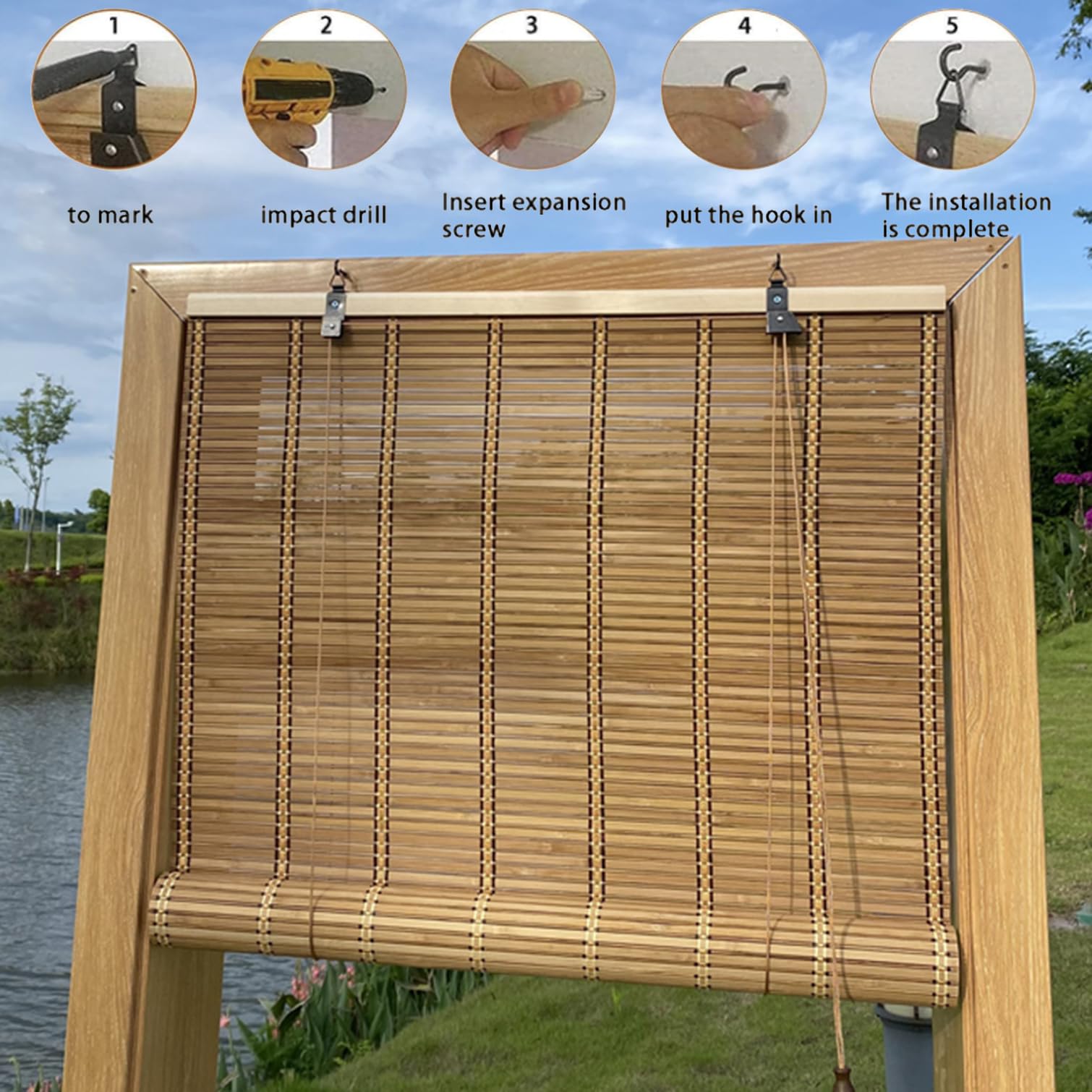 Persianas de Bambú para Ventanas,Cortinas Bambu Exterior Interior 60% Blackout Persianas de Madera Estor Enrollable de Bambú,para Balcón,Personalizada,Ancho x Alto (200cm x 250cm)