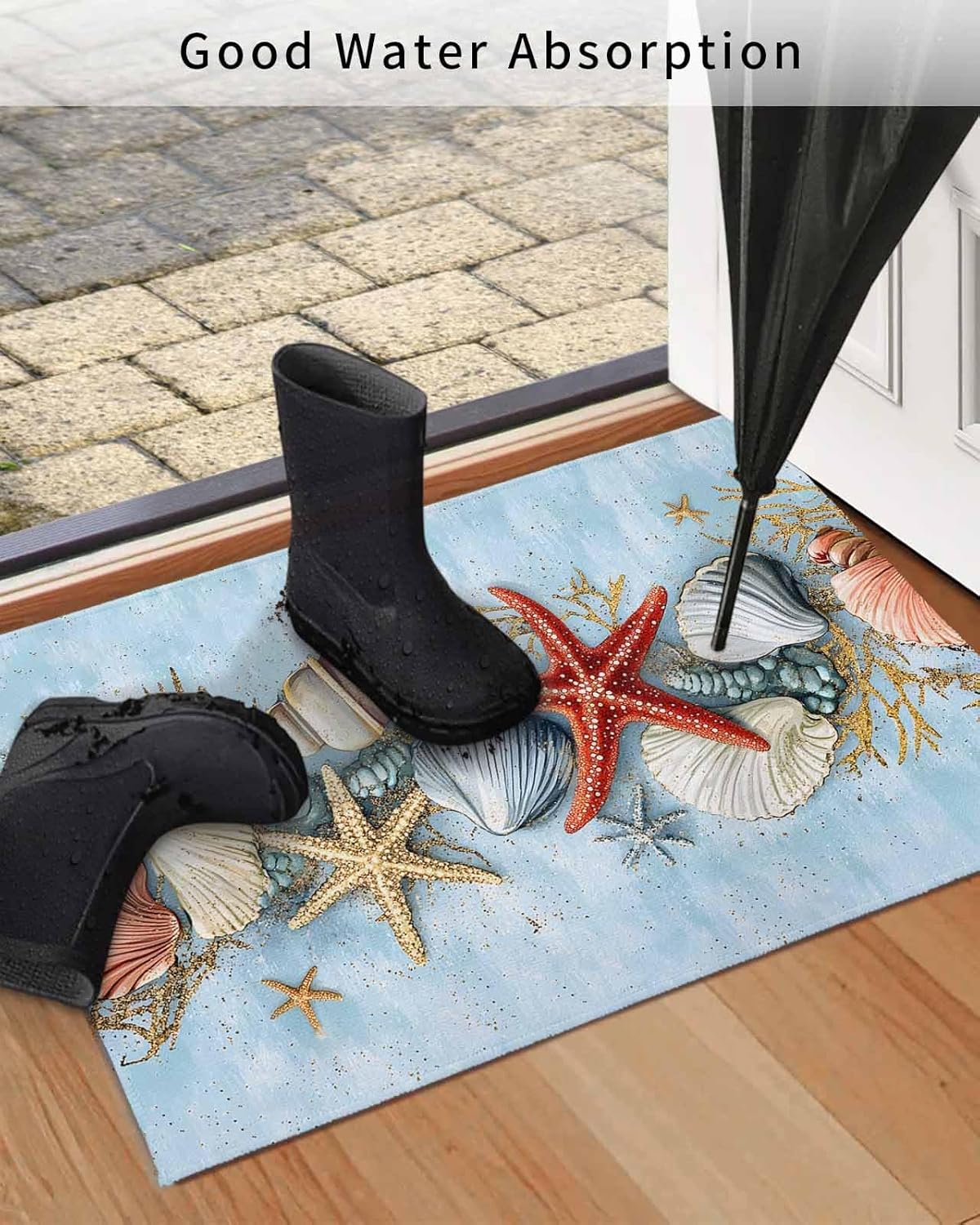 Front Doormat Indoor Outdoor Entrance Rug, Summer Beach Starfish Sea Shell Coral* Non-Slip Door Mats Low Profile Patio Porch Entryway Rugs, 18"x30" Marine Life Blue Gold