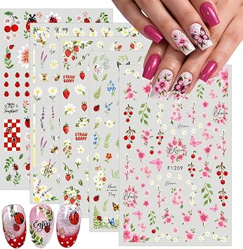 5 Sheets Spring Nail Stickers 3D Self-Adhesive Flower Nail Art | Floral Nail Decals, Leaves Butterfly Ladybug Strawberry Bee Design, Women Spring Summer, DIY Nail Decor