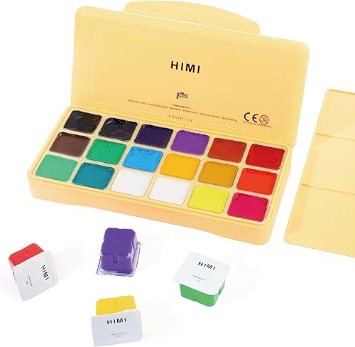 Miniatura 10 de HIMI Gouache - Juego de pintura Jelly Cup de 18 colores vibrantes, pinturas no tóxicas con paleta de maletín portátil para artista, pintura de