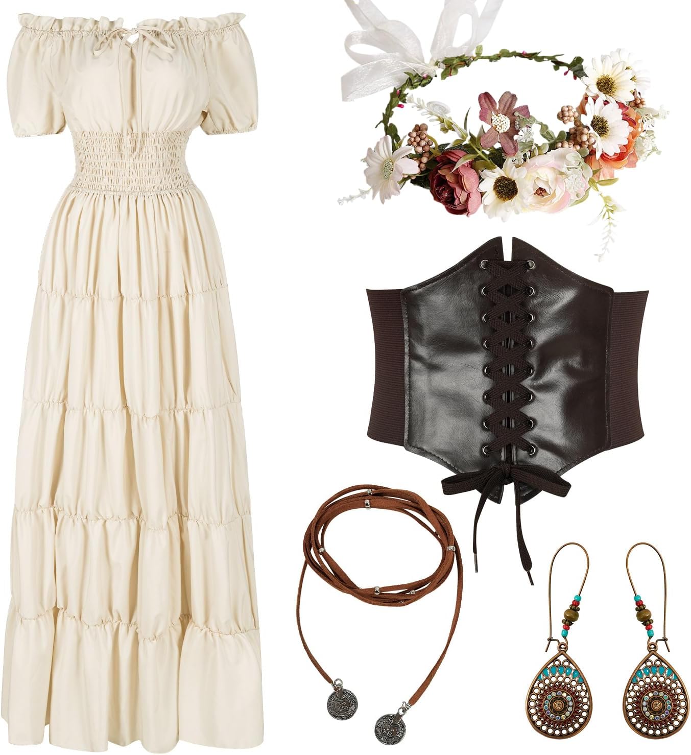 5 Pcs Renaissance Medieval Costume Dress Women Fairy Dress Peasant Cottagecore Dress 1700s Victorian Fairy Costume