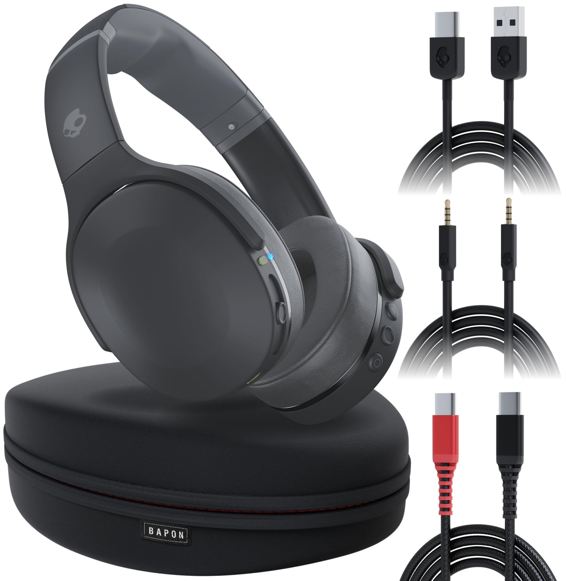 Skullcandy Crusher Evo Over-Ear Wireless Headphones Bundle with Protective Case and USB-C Cable - Skullcandy Headphones Wireless Bluetooth with Adjustable Haptic Sensory Bass, 40 Hr Battery (Grey)