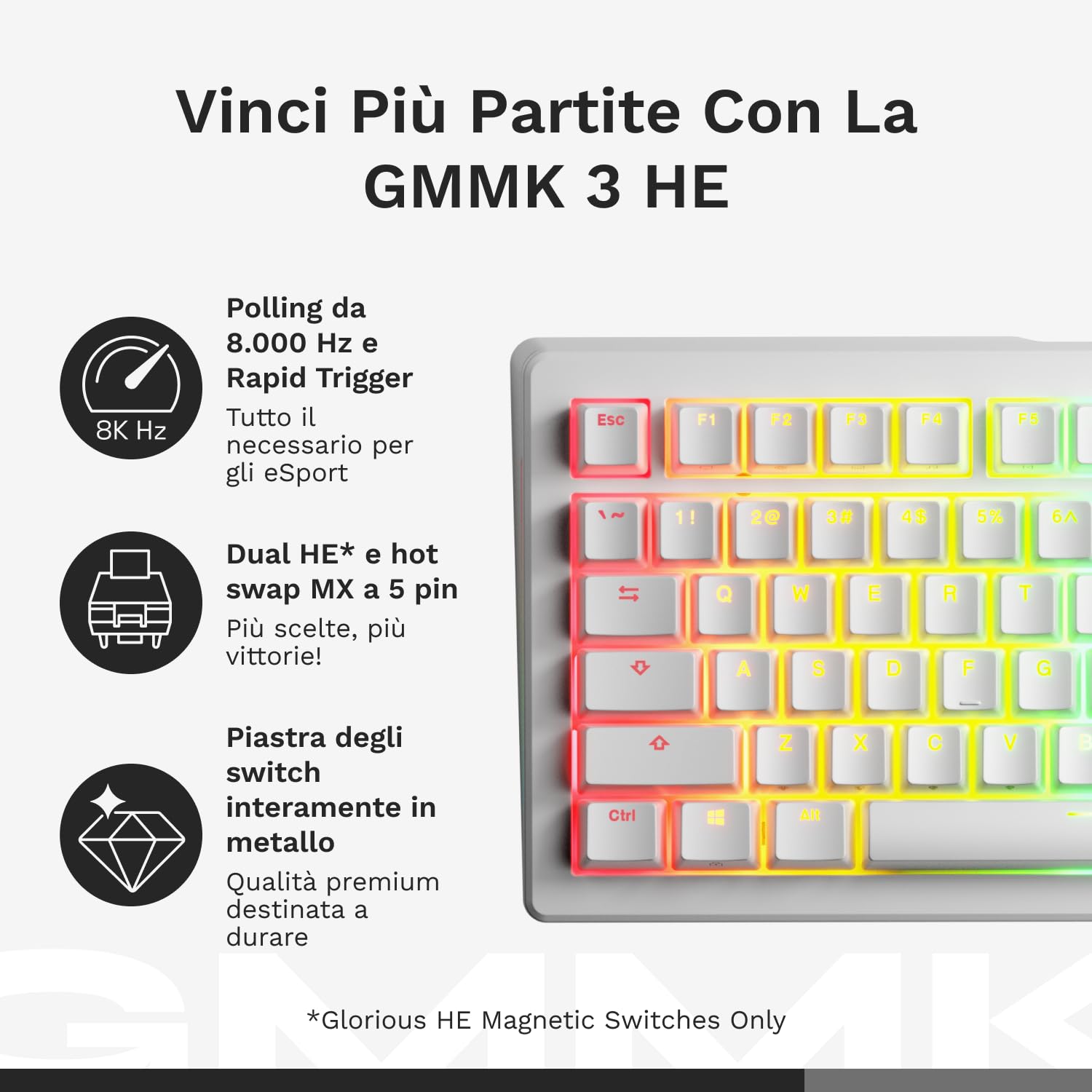 GLORIOUS Gaming GMMK 3 tastiera Rapid Trigger, Hall Effect, polling 8K, switch magnetici e meccanici MX, tastiera 100% hot swap, guarnizioni modulari, Doubleshot Keycaps PBT, QWERTY americano