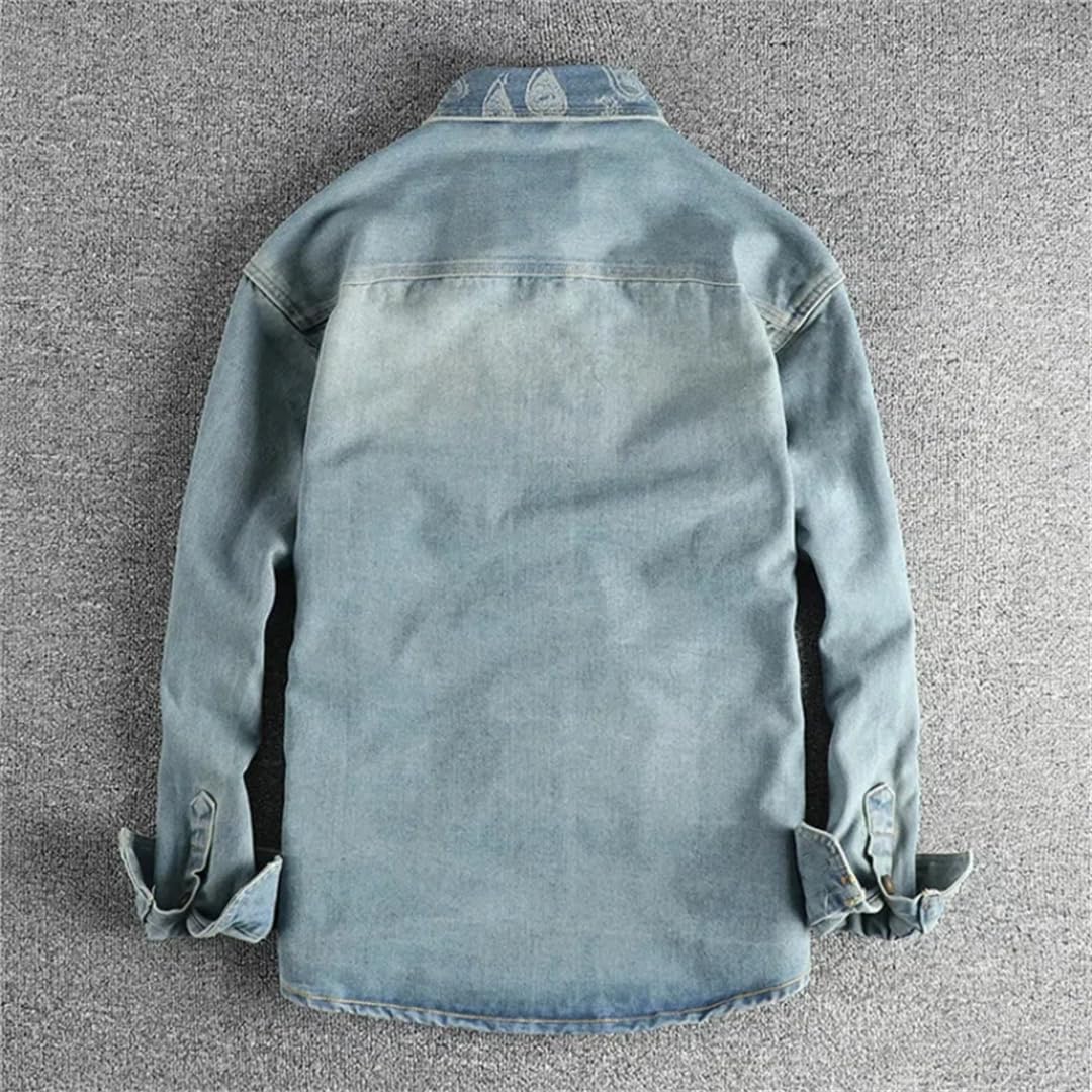 Męski ciężki kołnierz kwiat nerkowca haft design sens brytyjski vintage denim koszula trend płaszcz