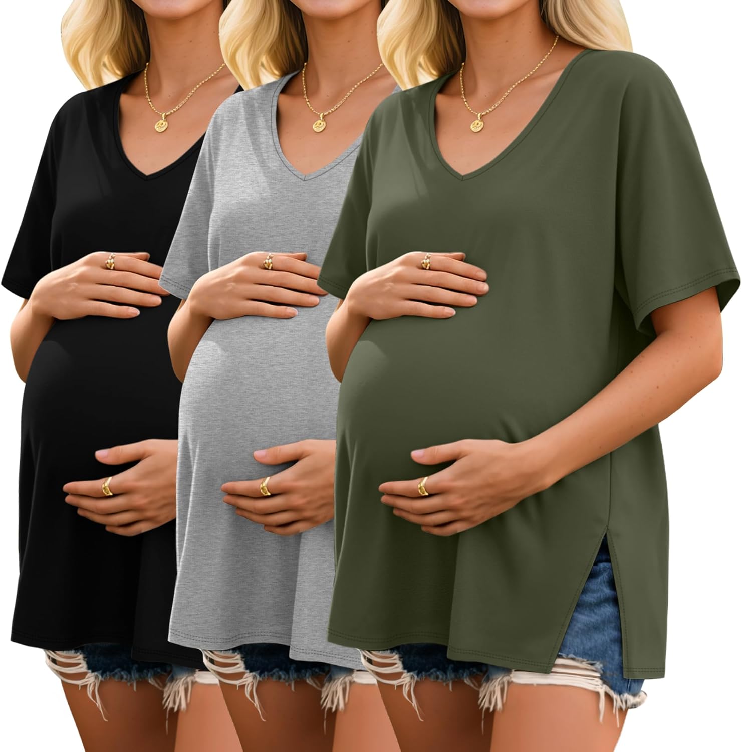 Ficerd 3 Pack Maternity Shirts Cotton V Neck Mama Tee Dolman Sleeve Side Split Pregnancy Clothes Summer Oversized Tops