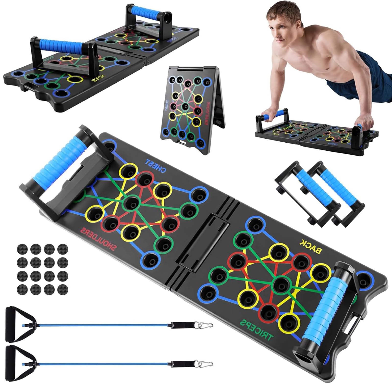 Portable Foldable Push Up Board with Resistance Bands, Anti-slip Handle, 24-In-1Multifunctional Men Women Press Up Board, Fitness Workout Board for Exercise Shoulders, Chest, Back