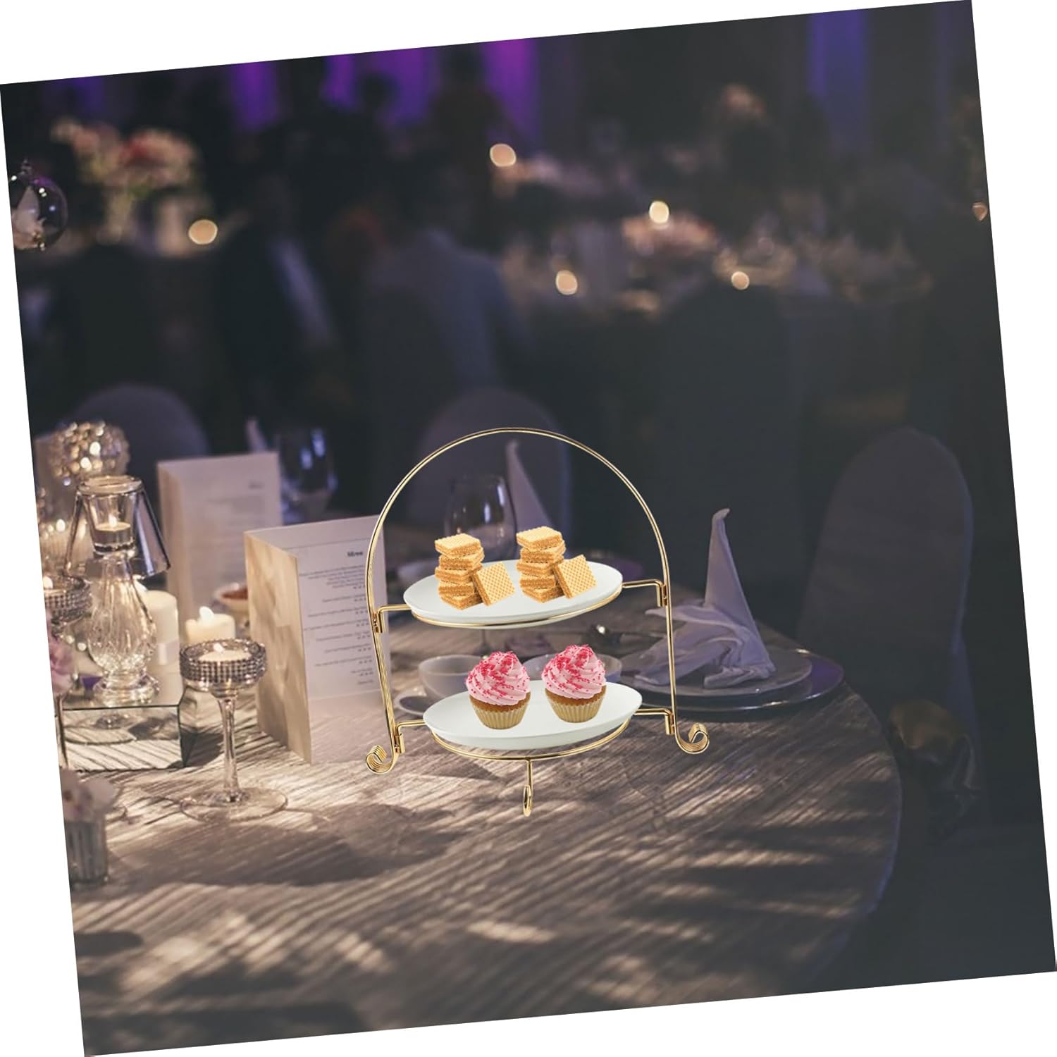 Generic Golden Double Layer Metal Cake Stand Detachable Cupcake Tower Dessert Display Rack for Birthday Party Snack Storage Tray Without Plate