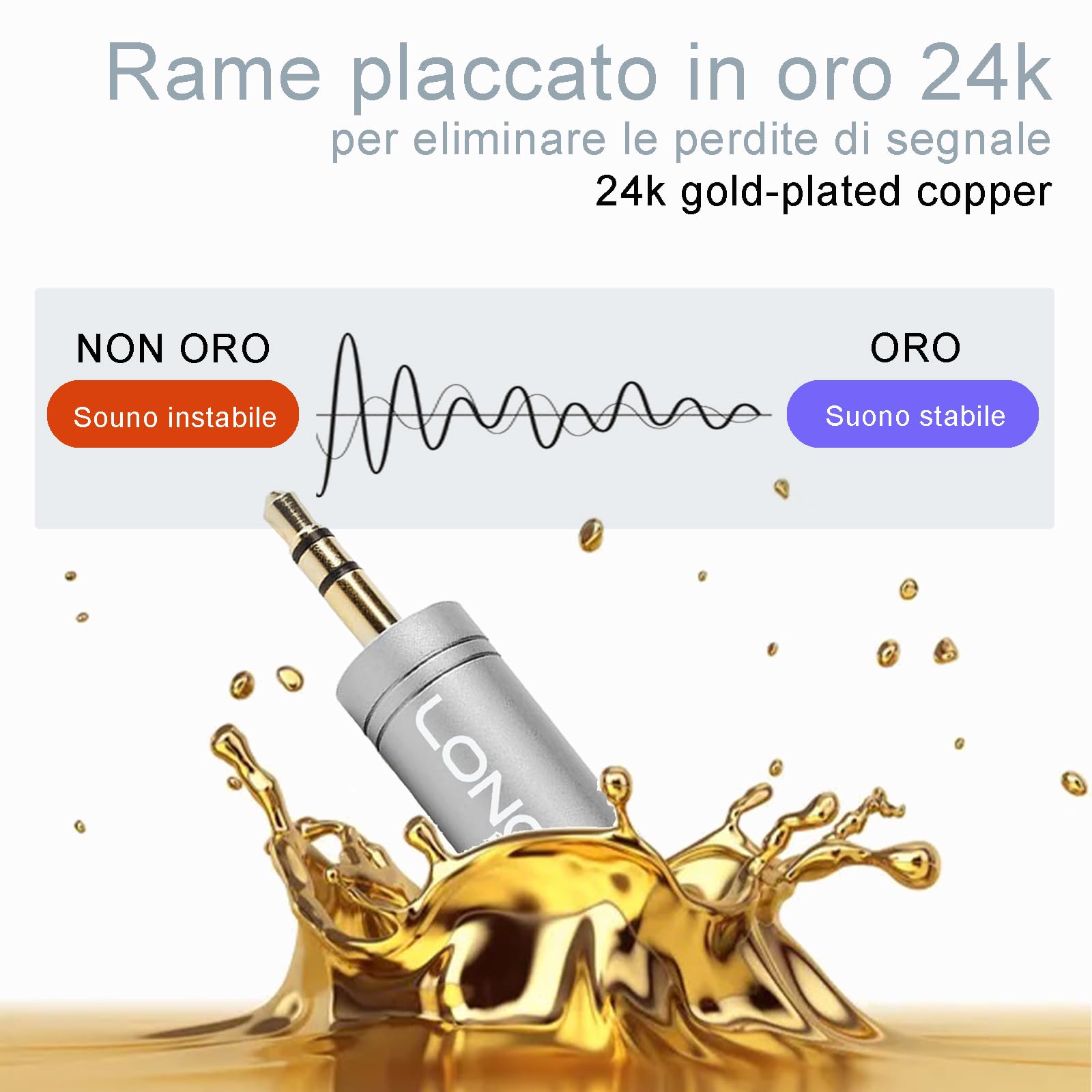 2 Pezzi Adattatore Jack Cuffie in Rame Puro Placcato Oro - Riduttore Jack 3.5 a 6.3 - Connettore Jack Stereo Aux Audio Maschio a Femmina