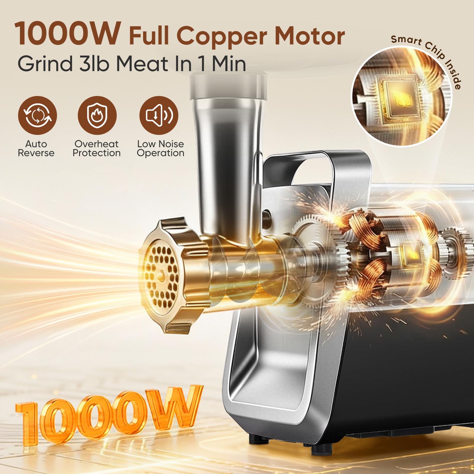 Picadora de Carne Eléctrica, 1000W máx Molino de Carne de Acero Inoxidable con 3 Discos Perforados, Embutidora, Fabricante de Kubbe y Kit de Albóndigas, Negro