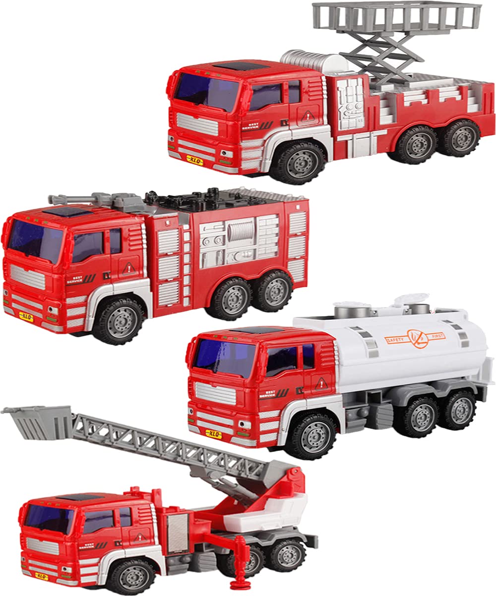 Inder Gift Pack 4pcs Children's Fire Fighting Toy Truck Set-Large Fall-Resistant Fire Rescue Trucks,Lift,Crane,Ladder,Sprinkler Toy Trucks,Alloy Pull-Back High Simulation Fire Truck Model Toys
