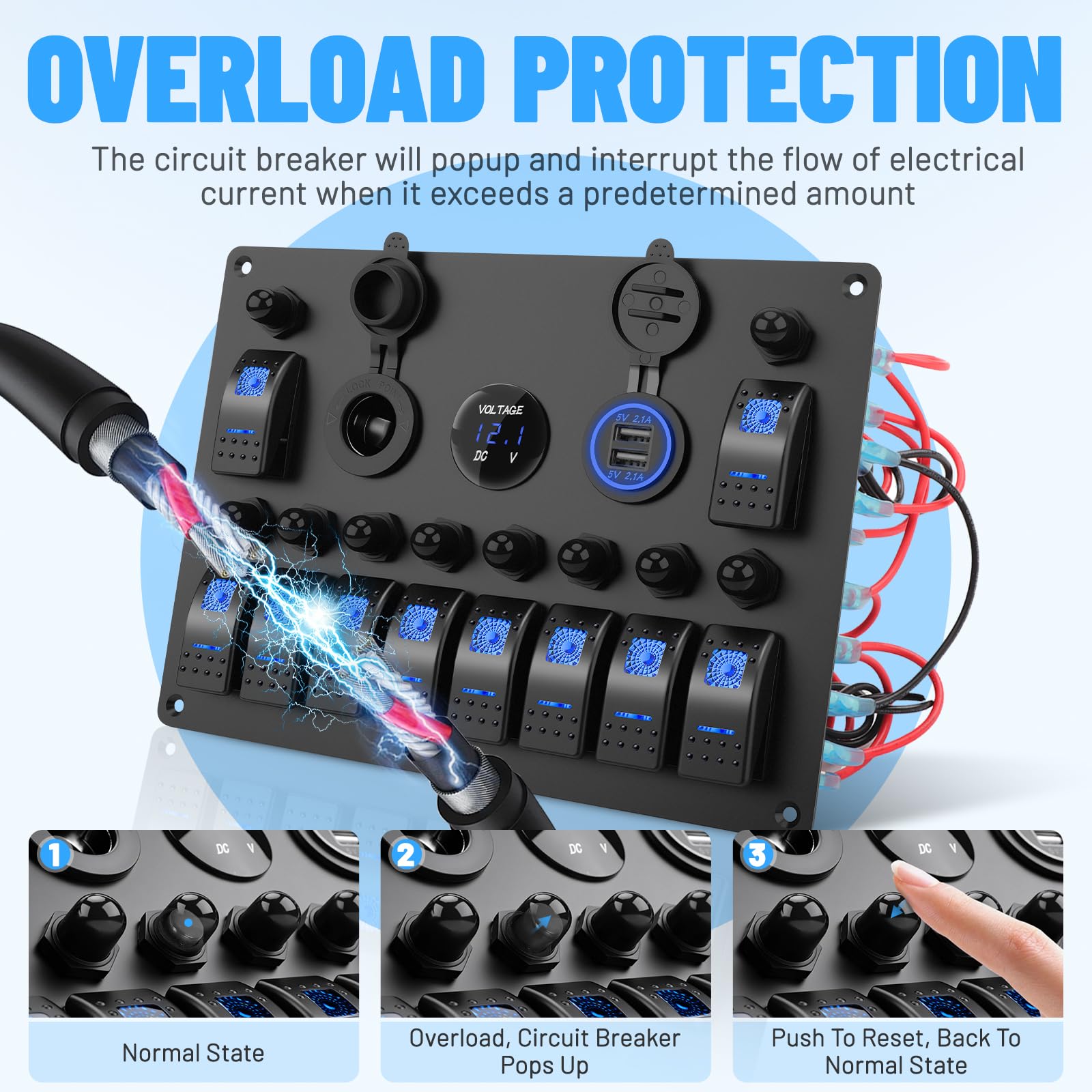 Geloo Pannello Interruttori a Bilanciere 12V 24V 10 Gang Interruttore a Levetta Impermeabile con Interruttore Automatico, Voltmetro, Presa Accendisigari per Auto, Doppio Caricatore USB