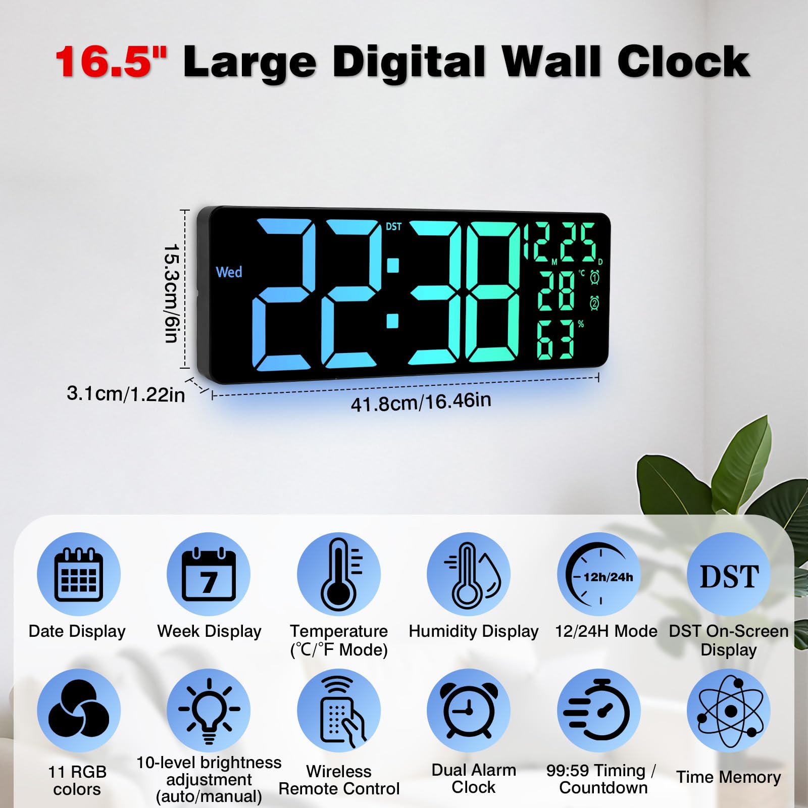 Horloge Murale Numérique LED 16,5'' avec Télécommande, Luminosité Automatique, Heure d'Été, Température, Date, Jour, Double Alarme, 12/24H, Horloge Murale Digitale pour Salon Cuisine Bureau Gymnase