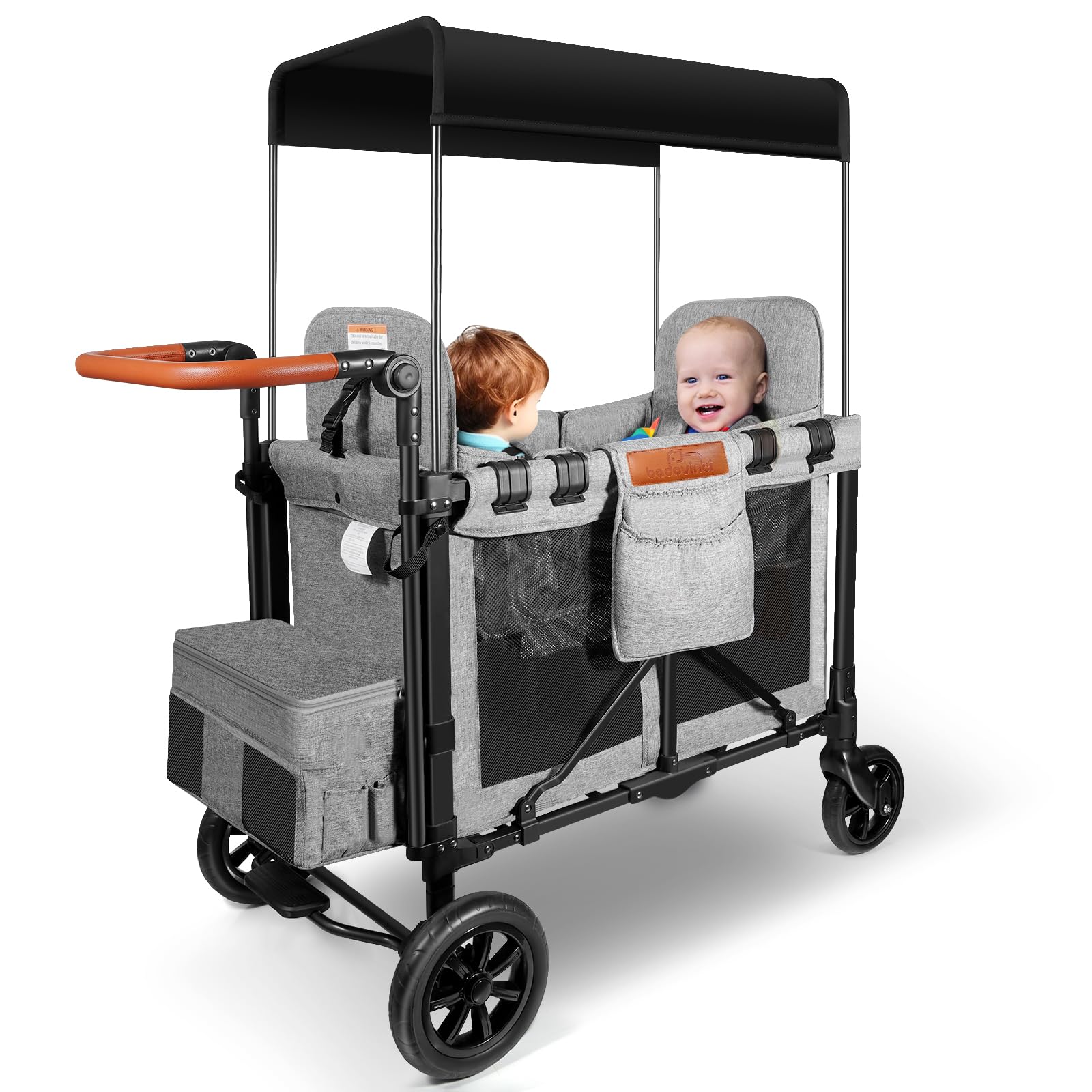 Badovinci Stroller Wagon for 2 Kids, Foldable Push-Pull Rod Wagon Featuring 2 High Seats with 5-Point Harnesses and Adjustable Canopy, Perfect for Garden, Camping, Grocery Cart