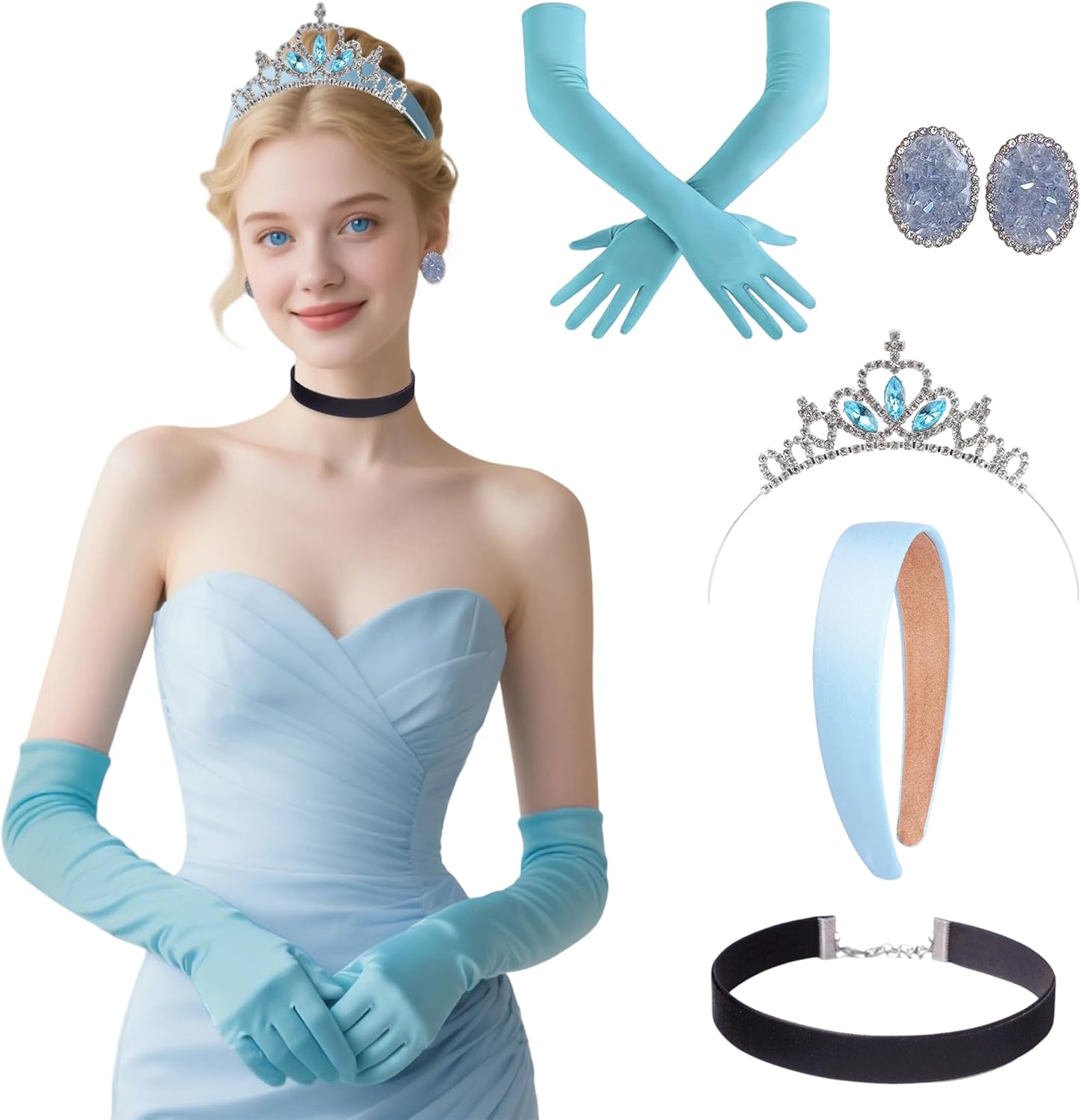 Princess Costume Accessories for Women Headband Black Velvet Choker Earrings Gloves Princess Crown for Halloween Costume Birthday Party