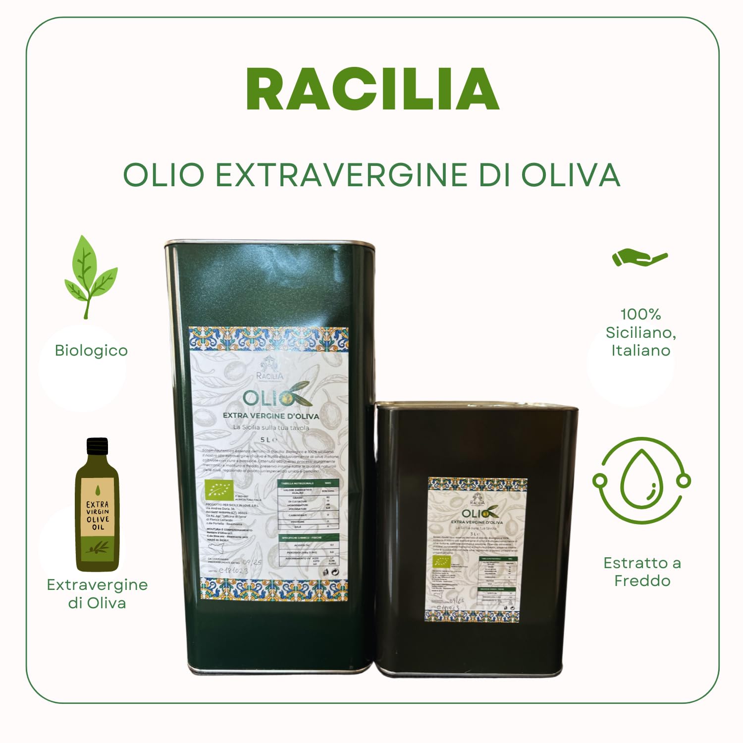 RACILIA Organiczna Oliwa z Oliwek 8 Litrów, Extra Virgin 100% Włoska 8L Puszka Evo Tłoczona Na Zimno z Sycylii, Ekstrahowana z Pierwszego Tłoczenia - Idealne Do Sałatek i Dań Kuchni Sródziemnomorskiej