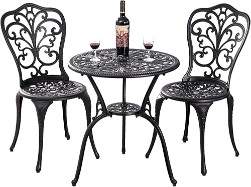 Juego de mesa y sillas de patio al aire libre de 3 piezas, de aluminio fundido resistente al óxido, con agujero para sombrilla para patio, porche,