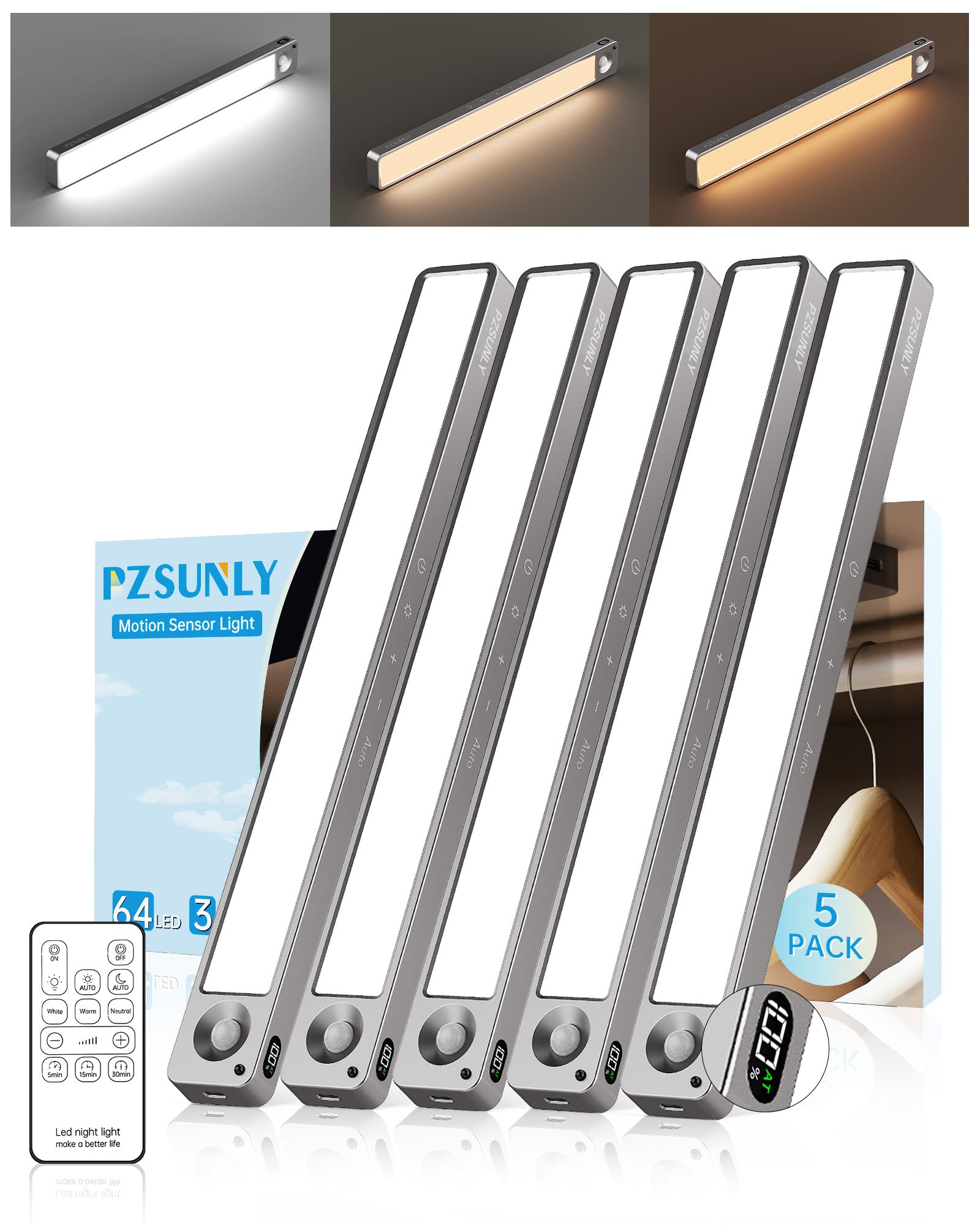 Unterbauleuchte Küche LED mit Batterieanzeige, Touch Dimmbar | 2200mAh Schrankbeleuchtung mit Bewegungssensor und Fernbedienung, 3 Farbtemperaturen, 3 Betriebsmodi, 5 Stück, Dunkelgrau