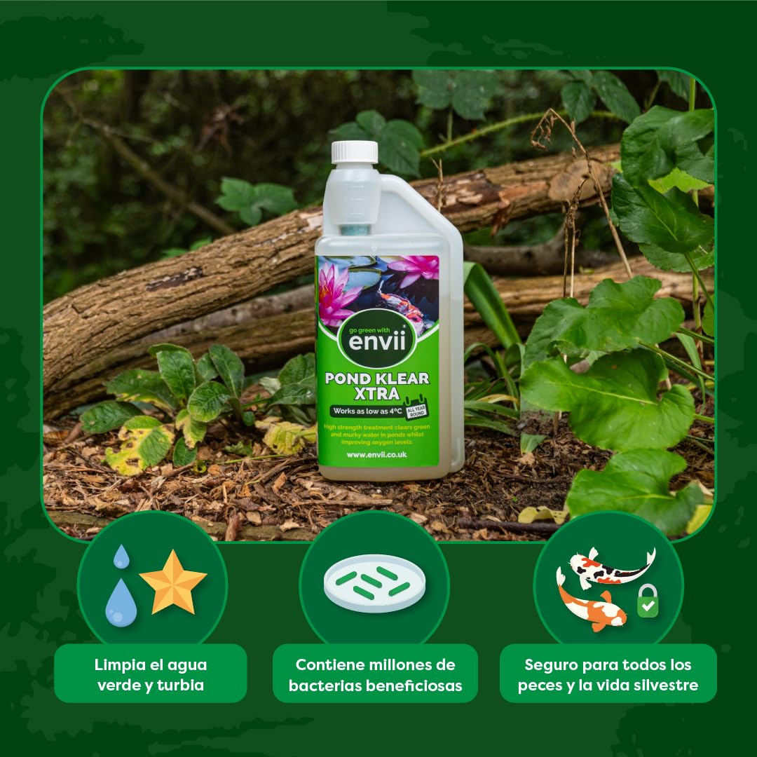 Envii Pond Klear Xtra - Bacterias Limpiador y Tratamiento de Agua Verde para estanques de jardín - 3 X Más Fuerte Que Pond Klear - Funciona hasta 4 ° C - Trata 60000L